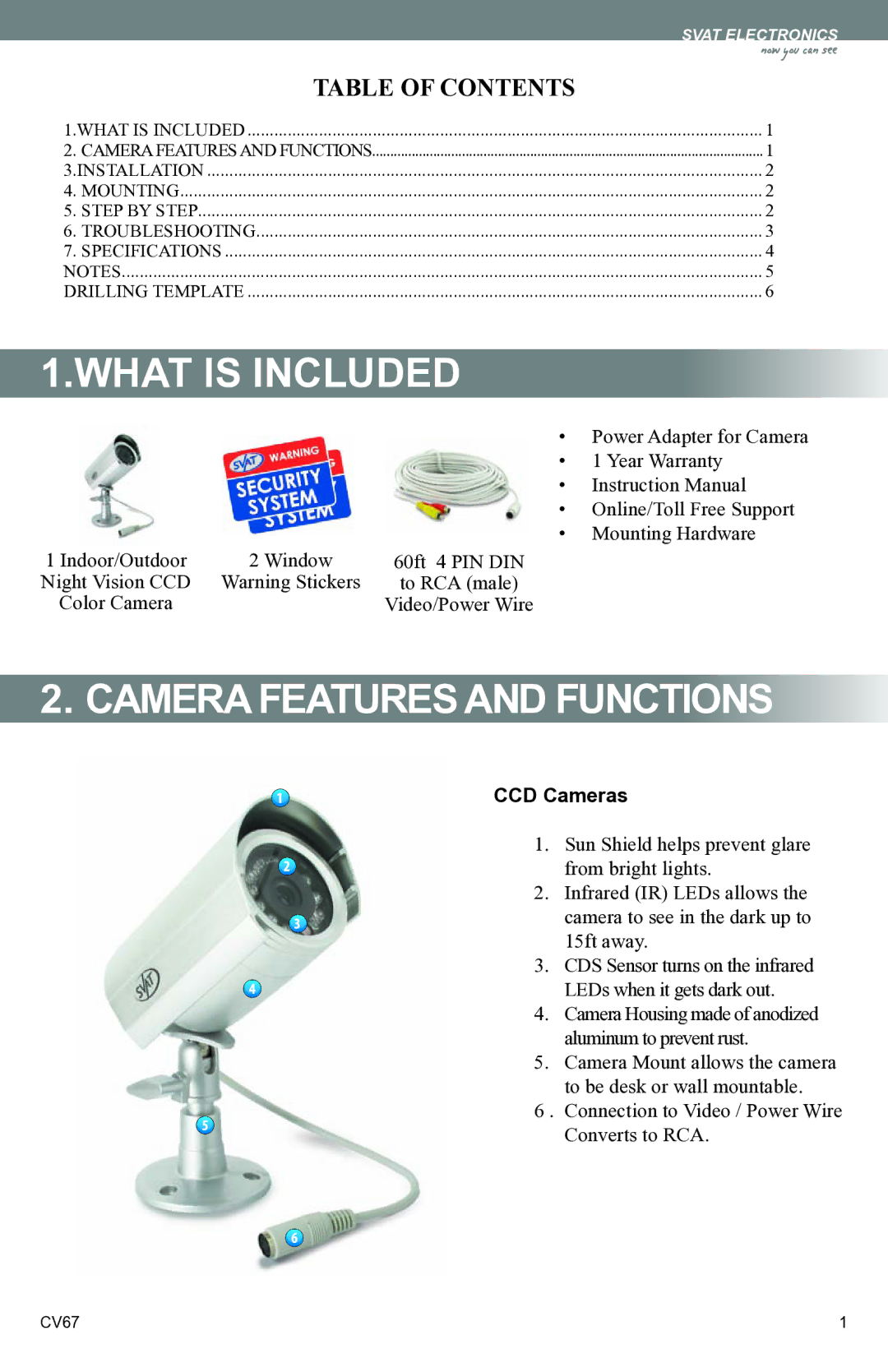 SVAT Electronics CV67 instruction manual What is Included, Camera Features and Functions 