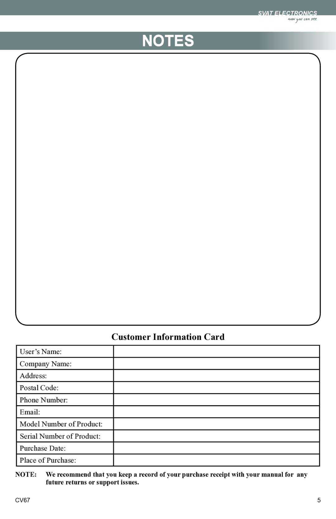 SVAT Electronics CV67 instruction manual Customer Information Card 