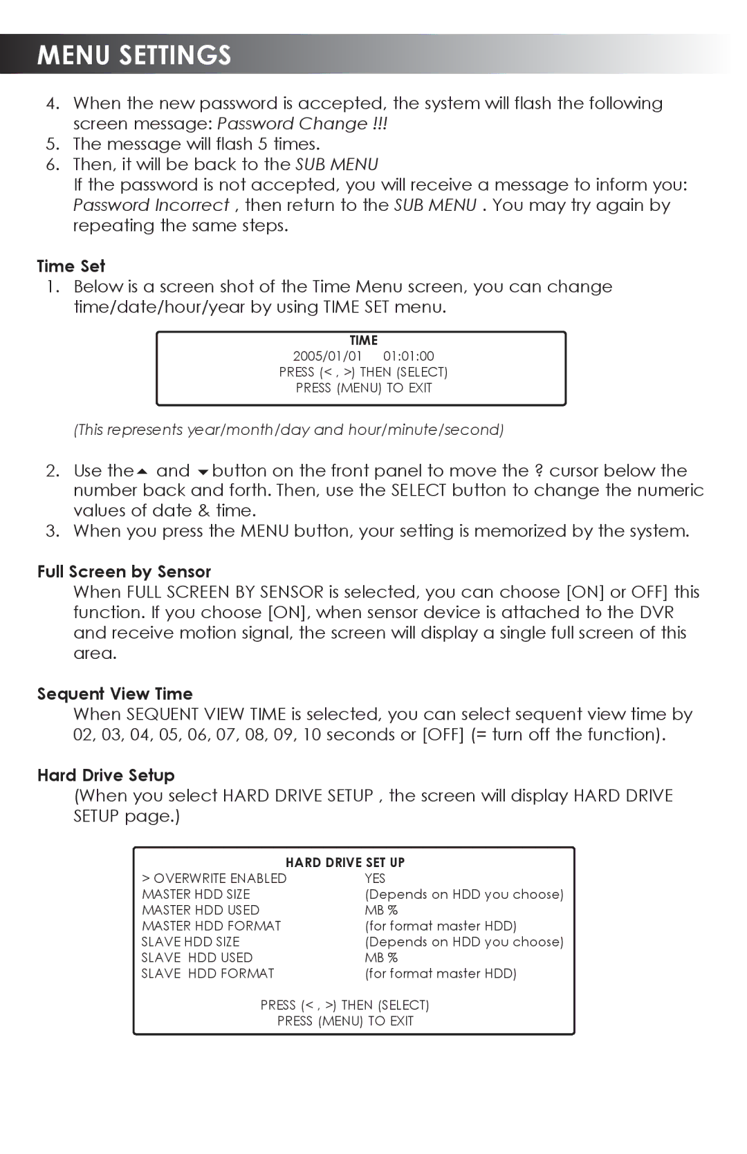 SVAT Electronics CVDVR200 user manual Time Set, Full Screen by Sensor, Sequent View Time, Hard Drive Setup 