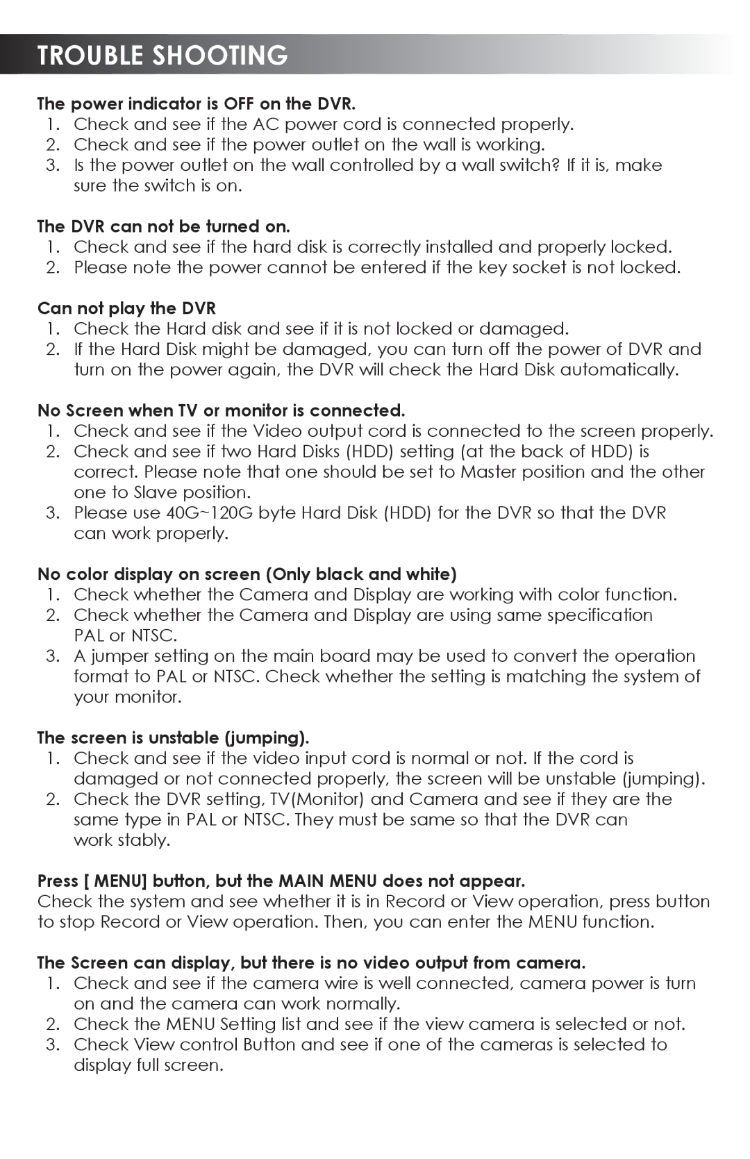 SVAT Electronics CVDVR200 user manual Trouble Shooting 