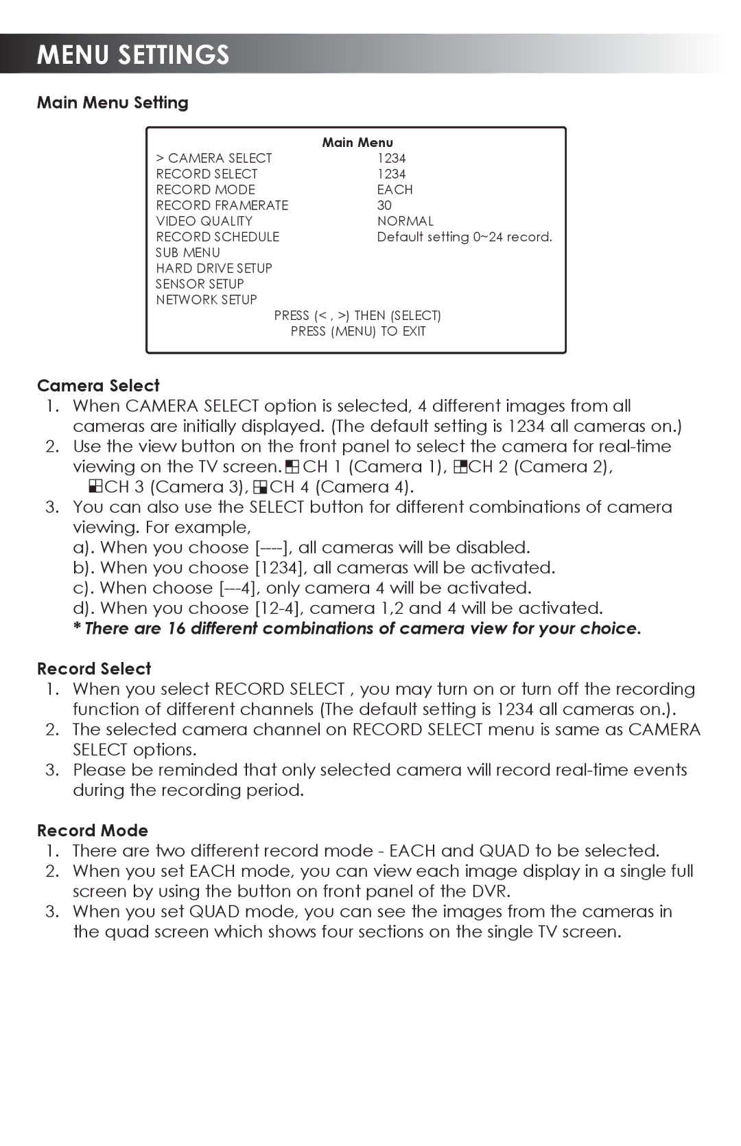 SVAT Electronics CVDVR200 user manual Menu Settings, Main Menu Setting, Camera Select, Record Select, Record Mode 