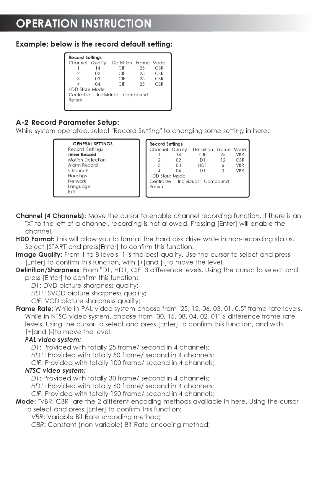 SVAT Electronics CVDVR900 user manual Example below is the record default setting, Record Parameter Setup 