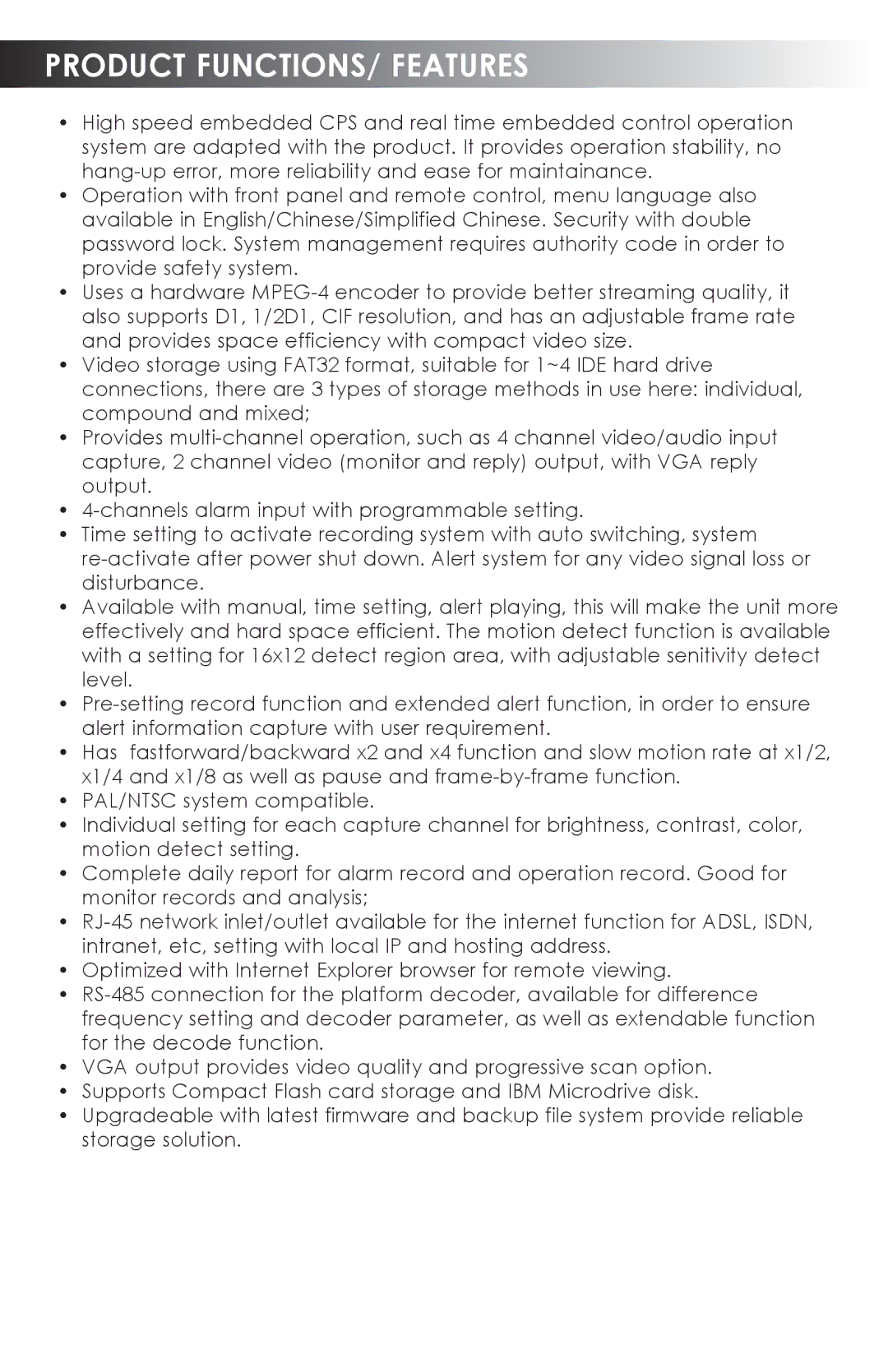 SVAT Electronics CVDVR900 user manual Product FUNCTIONS/ Features 