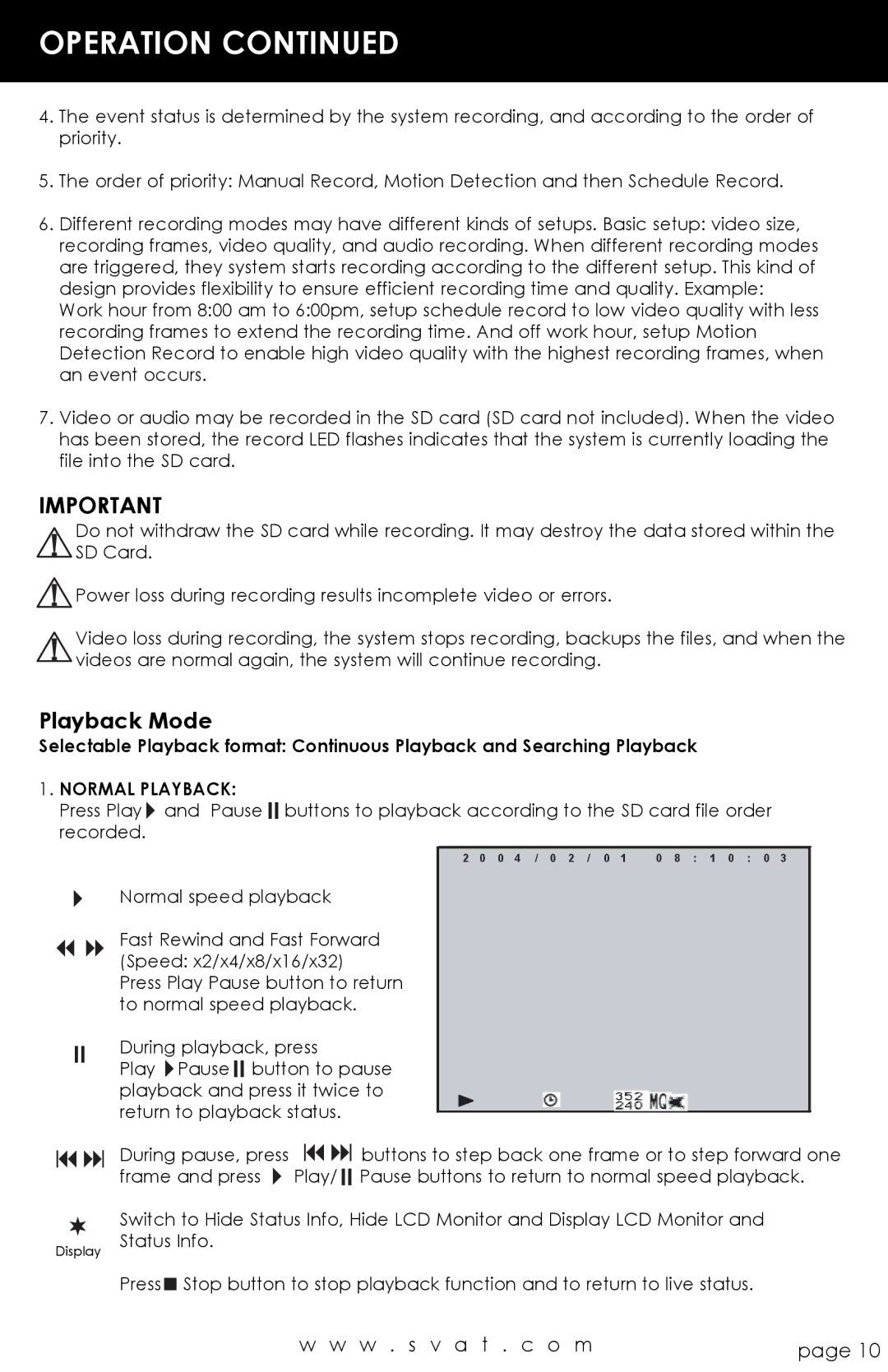 SVAT Electronics CVP800 user manual Playback Mode, Normal Playback 