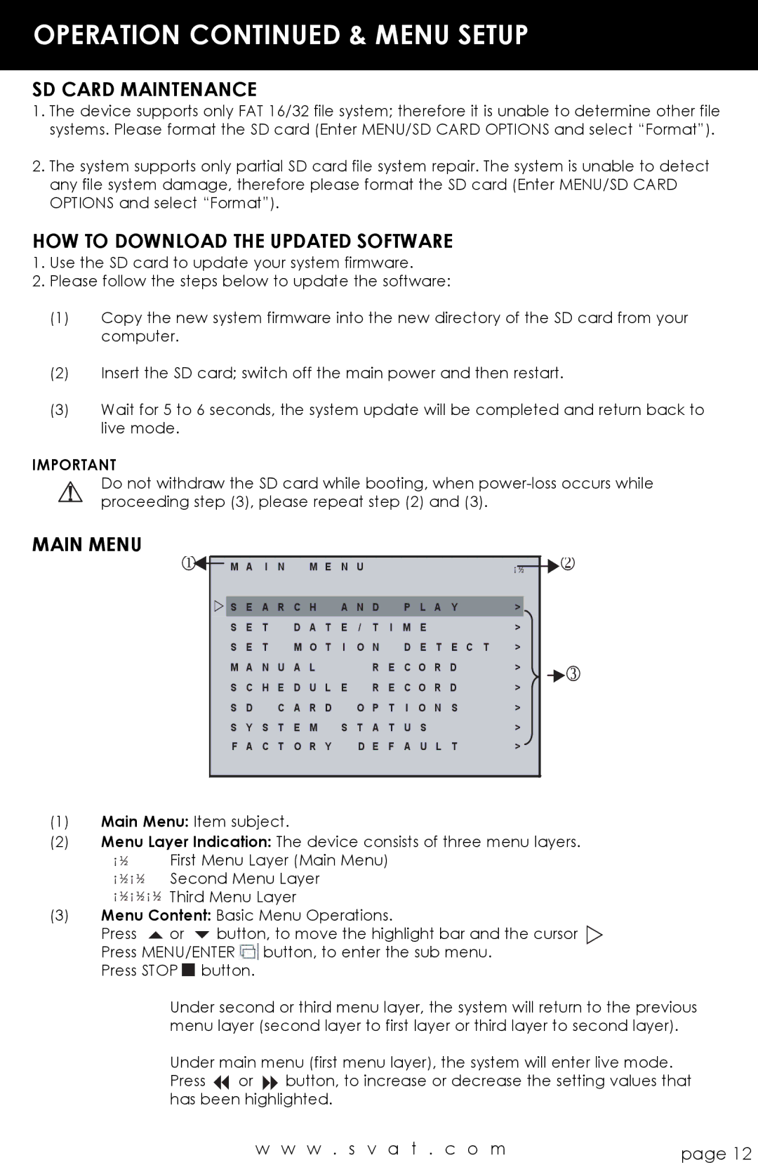 SVAT Electronics CVP800 Operation & Menu Setup, SD Card Maintenance, HOW to Download the Updated Software, Main Menu 