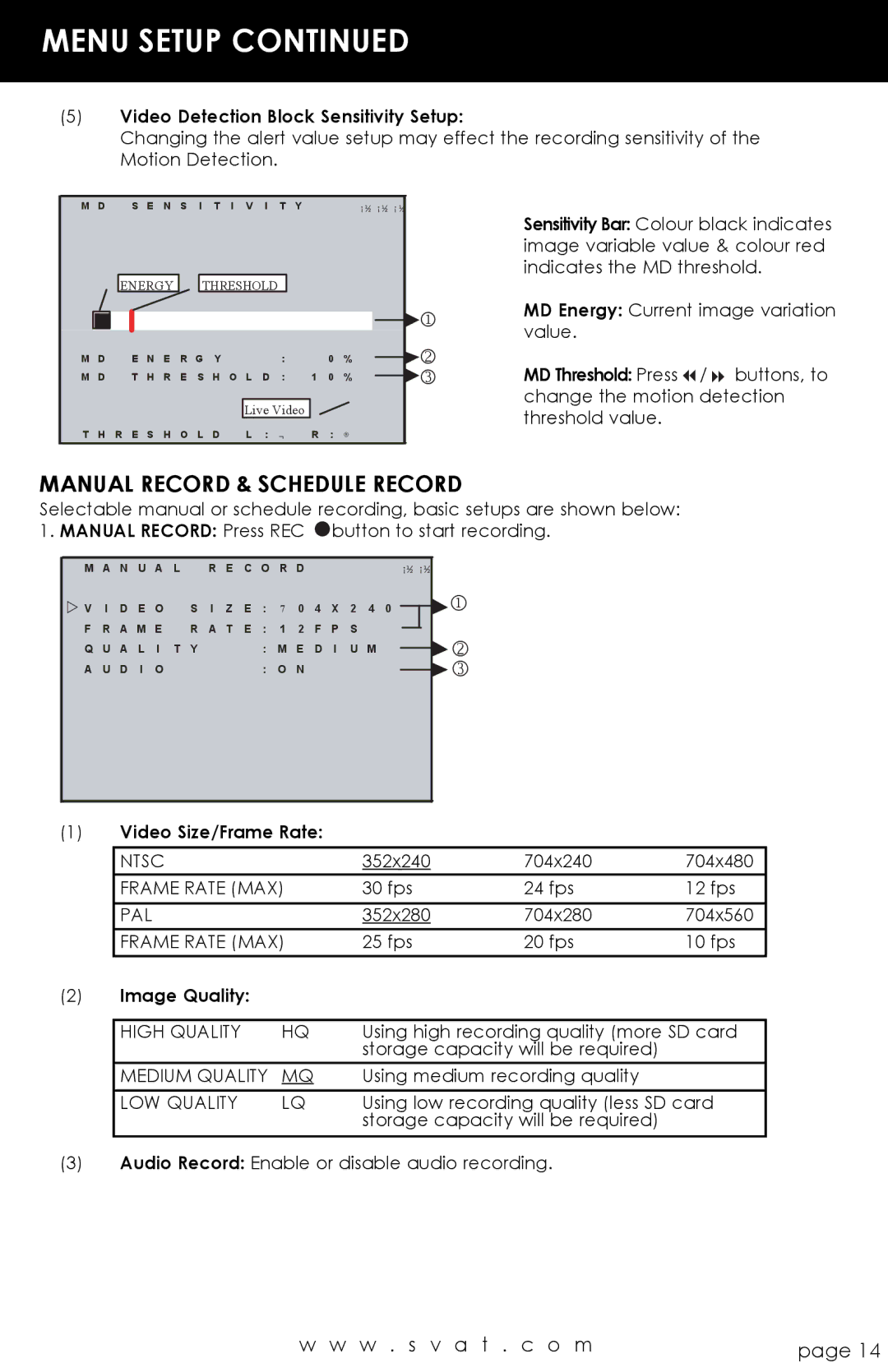 SVAT Electronics CVP800 Manual Record & Schedule Record, Video Detection Block Sensitivity Setup, Video Size/Frame Rate 