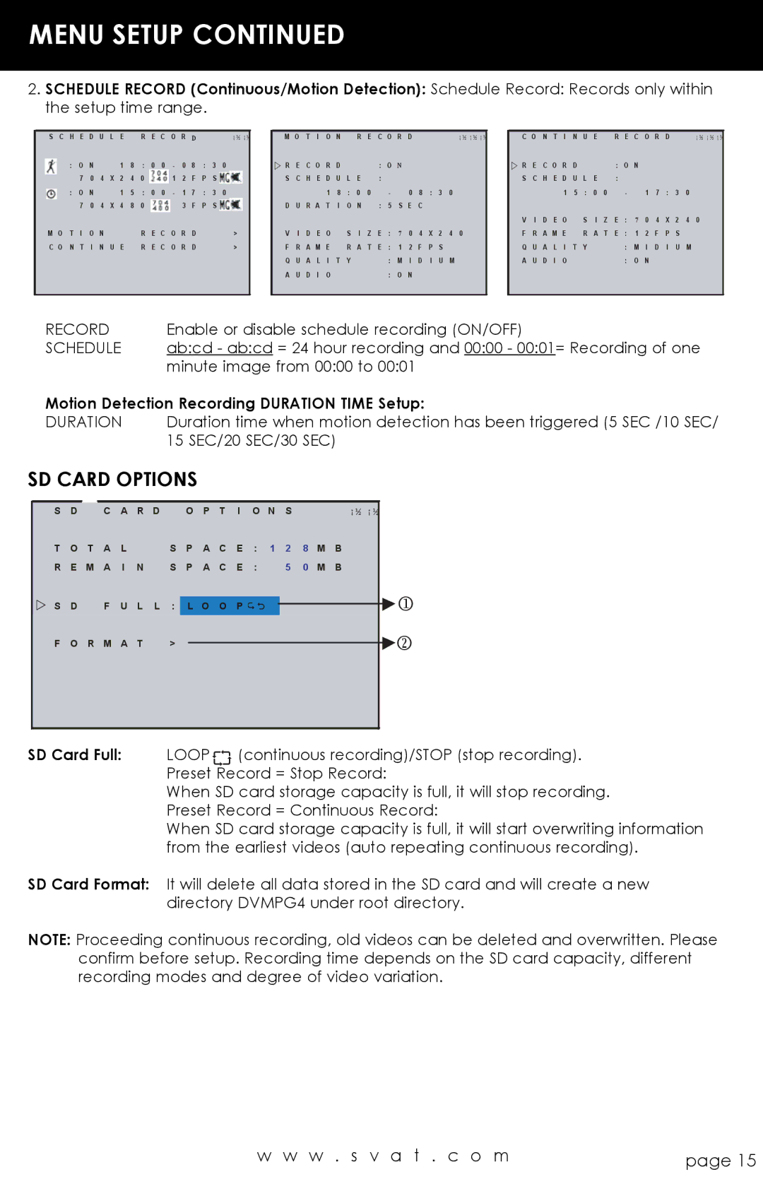 SVAT Electronics CVP800 user manual SD Card Options, Motion Detection Recording Duration Time Setup 