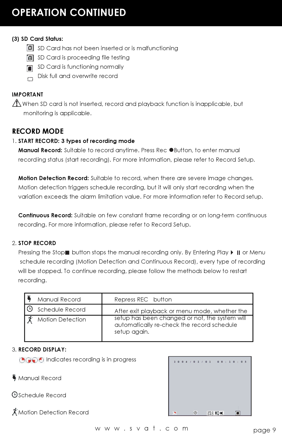 SVAT Electronics CVP800 Record Mode, SD Card Status, Start Record 3 types of recording mode, Stop Record, Record Display 