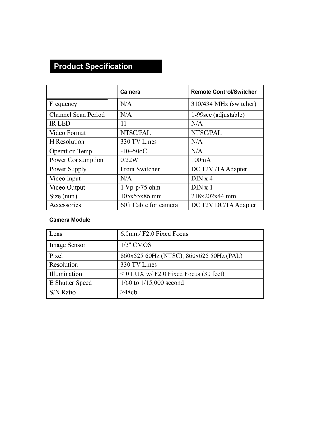 SVAT Electronics CVQ1000 user manual Product Specification, Ntsc/Pal 