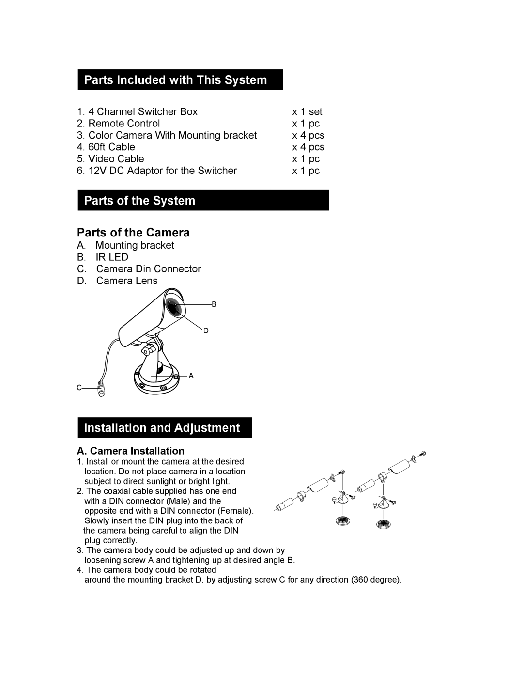 SVAT Electronics CVQ1000 user manual Parts Included with This System, Parts of the System, Installation and Adjustment 