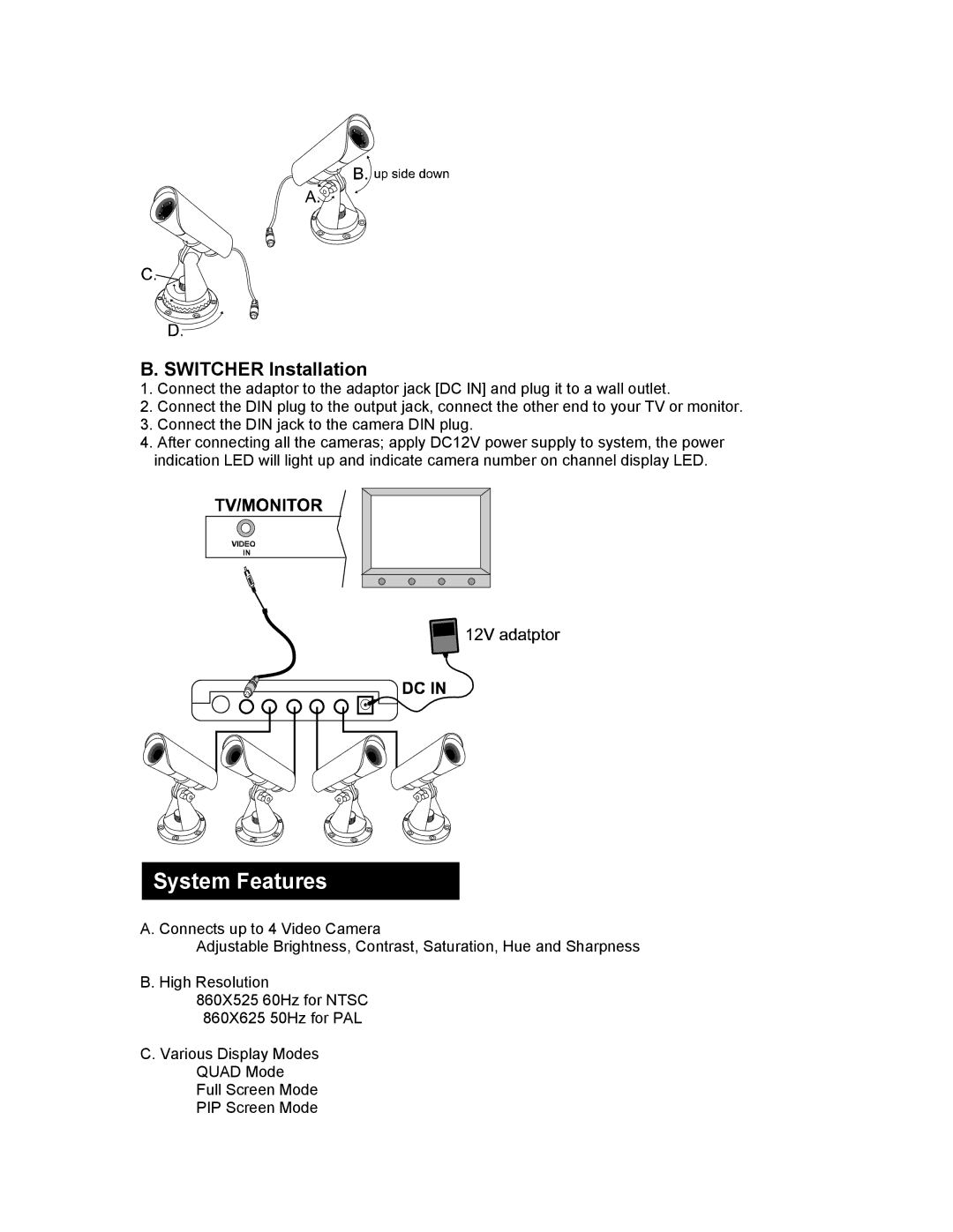 SVAT Electronics CVQ1000 user manual System Features, Switcher Installation 