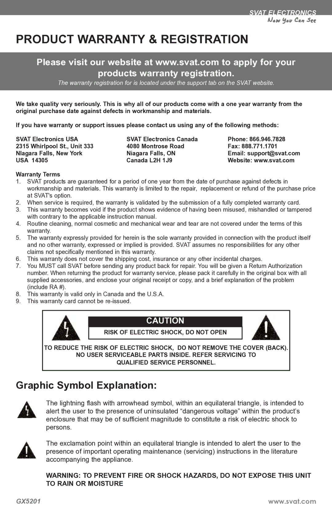 SVAT Electronics GX5201 instruction manual Product Warranty & Registration, Graphic Symbol Explanation 