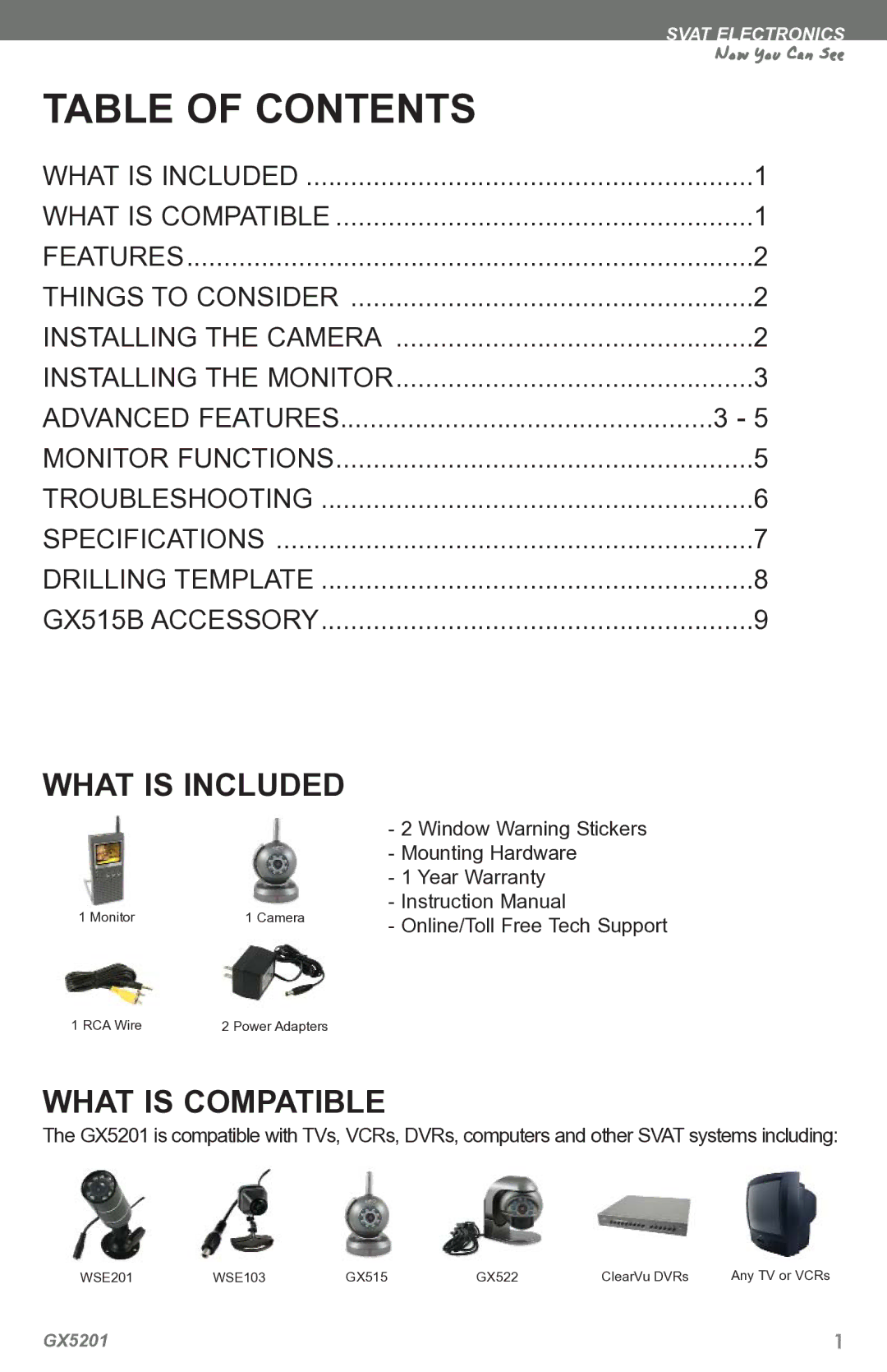 SVAT Electronics GX5201 instruction manual Table of Contents 