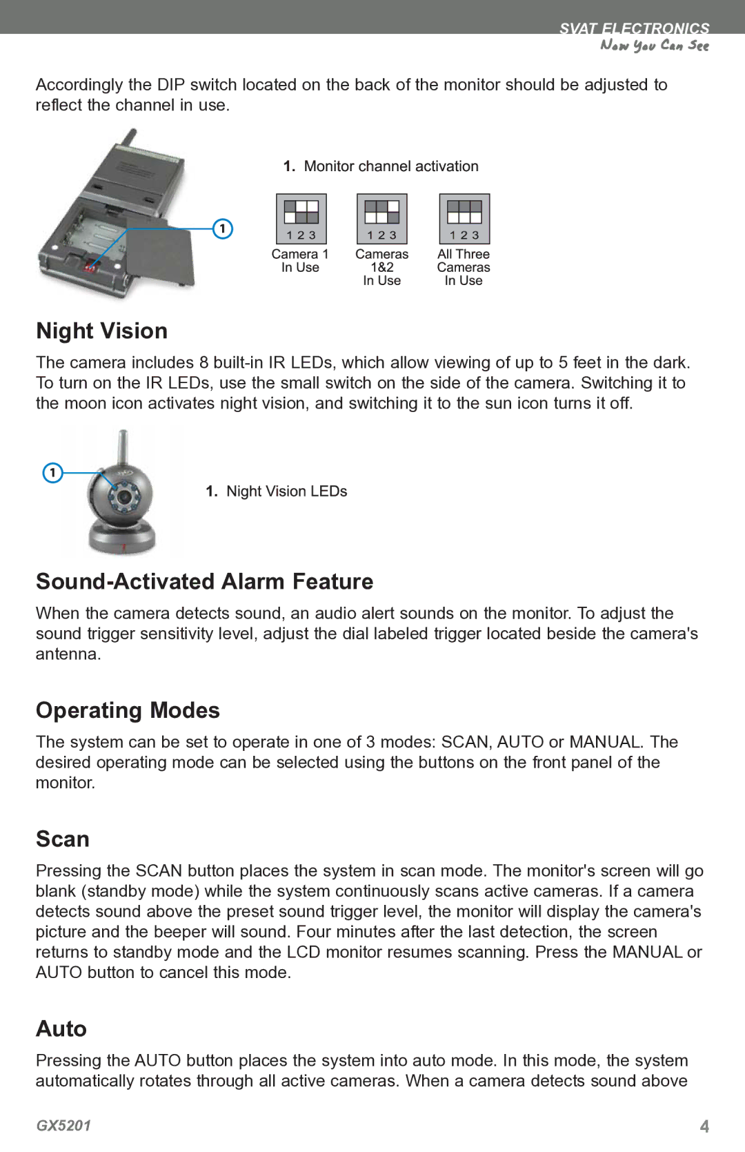 SVAT Electronics GX5201 instruction manual Night Vision, Sound-Activated Alarm Feature, Operating Modes, Scan, Auto 