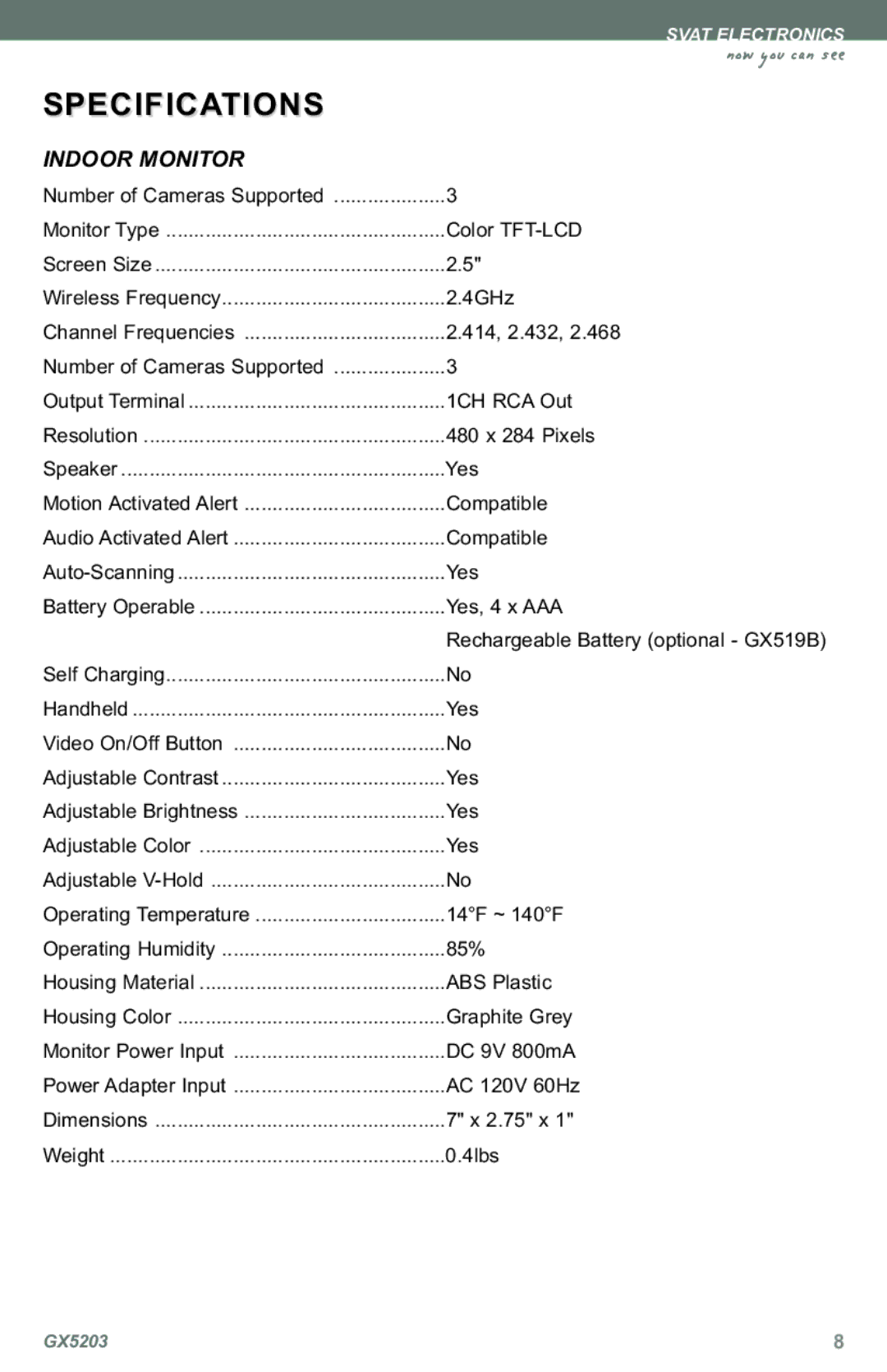 SVAT Electronics GX5203 instruction manual Specifications, Indoor Monitor 