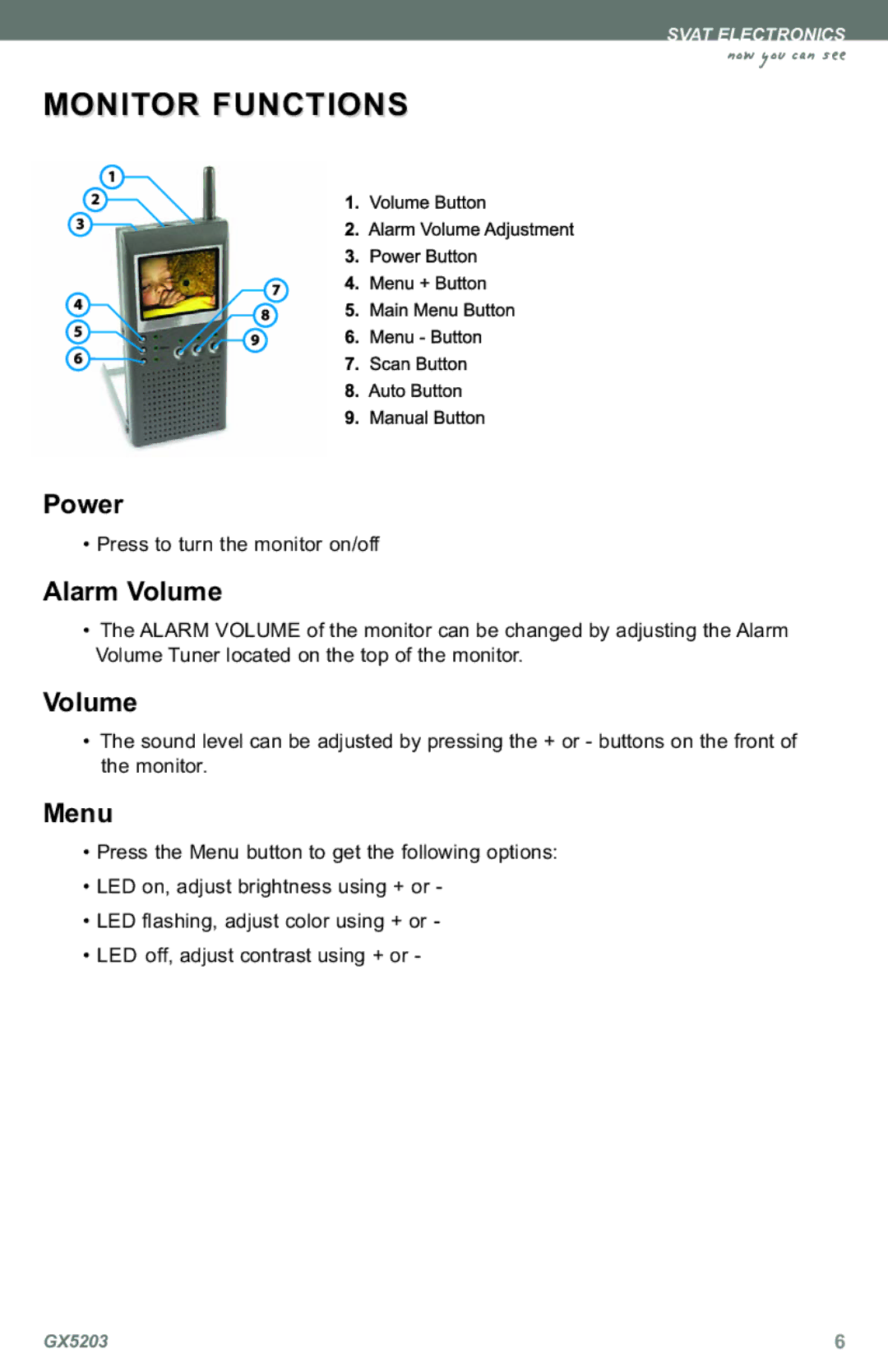 SVAT Electronics GX5203 instruction manual Monitor Functions, Alarm Volume 