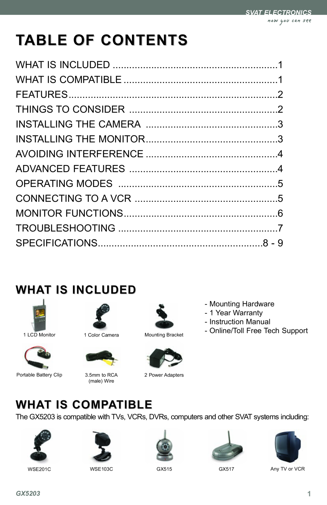 SVAT Electronics GX5203 instruction manual What Is Included, What Is Compatible, Table Of Contents, now you can see 