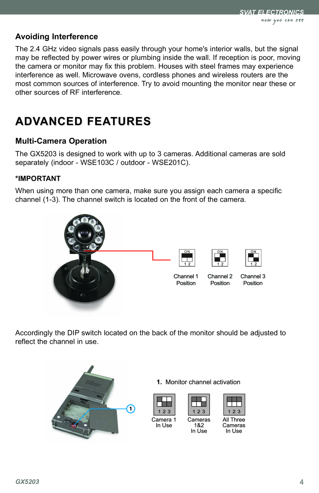 SVAT Electronics GX5203 instruction manual Advanced Features, Avoiding Interference, Multi-CameraOperation 