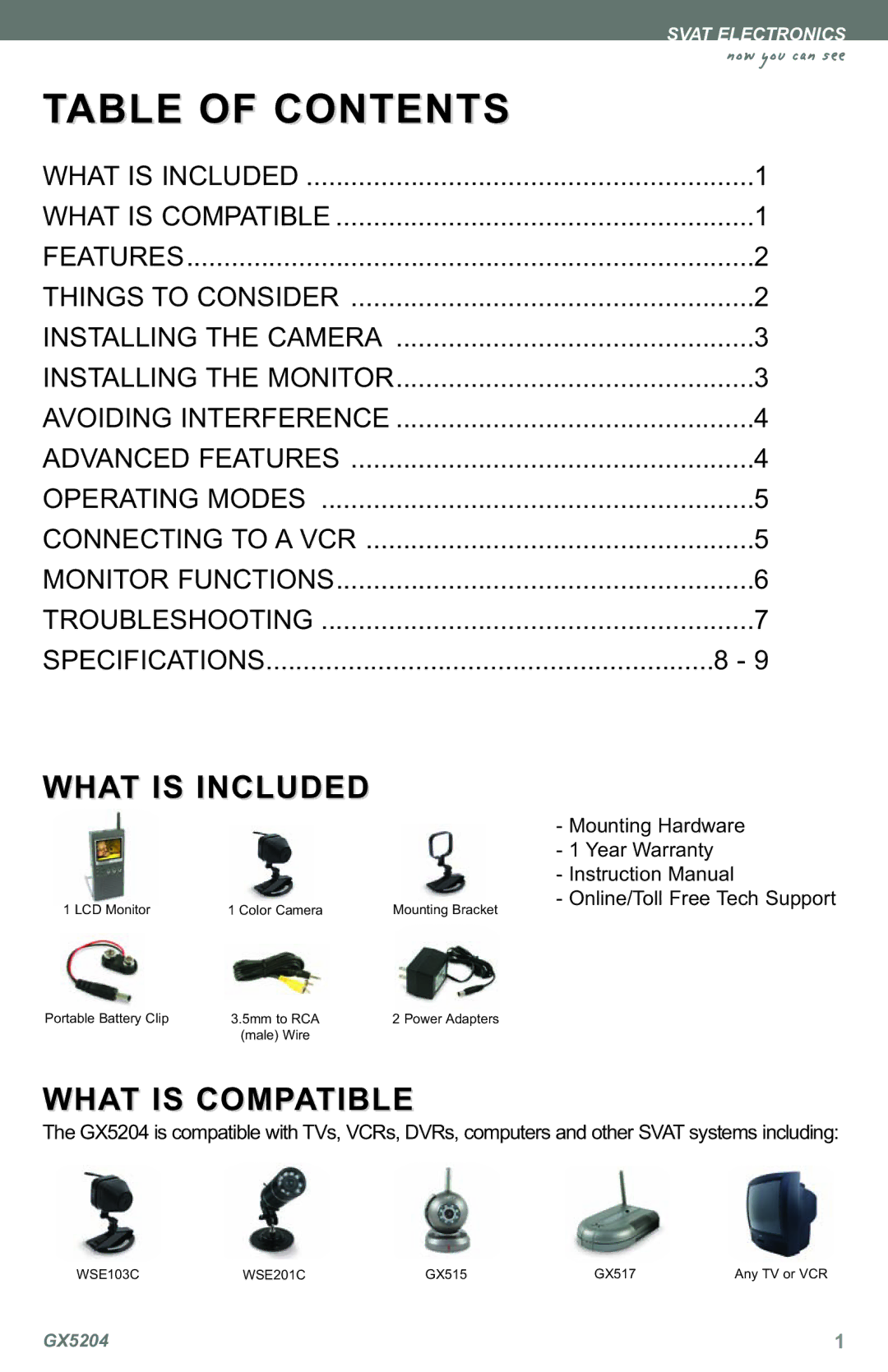 SVAT Electronics GX5204 instruction manual Table of Contents 