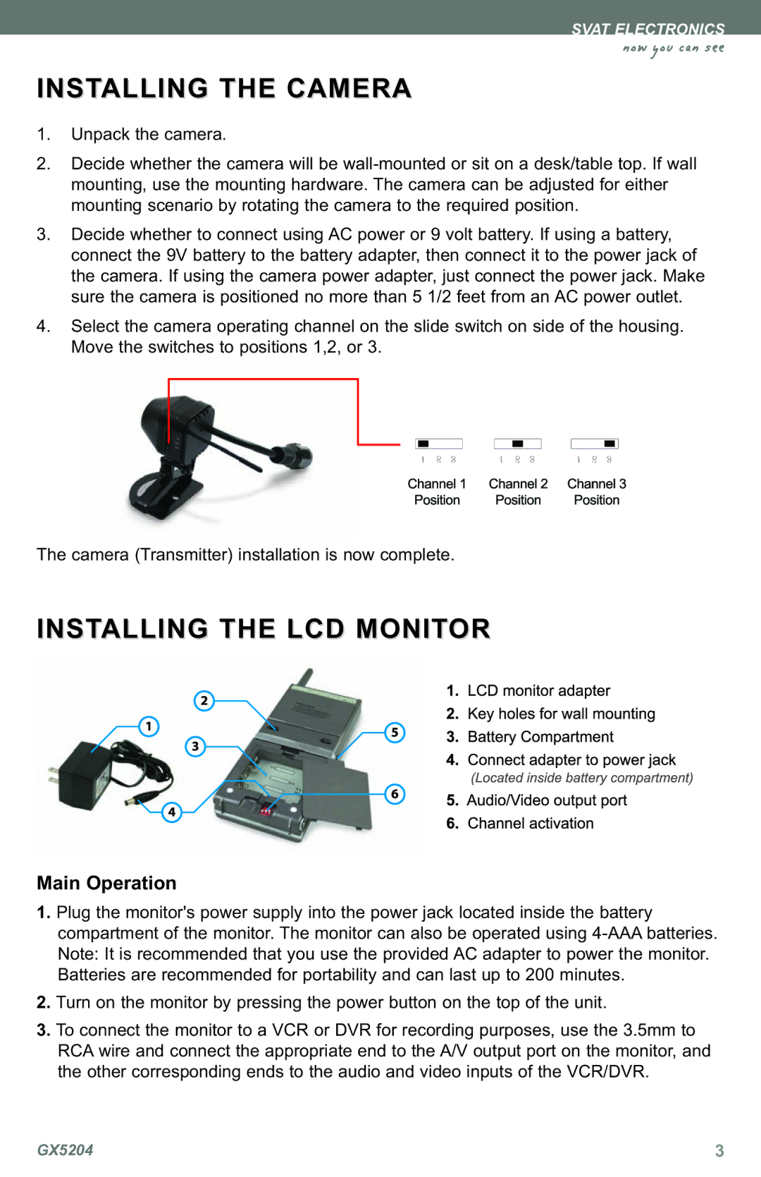 SVAT Electronics GX5204 instruction manual Installing the Camera, Installing the LCD Monitor, Main Operation 