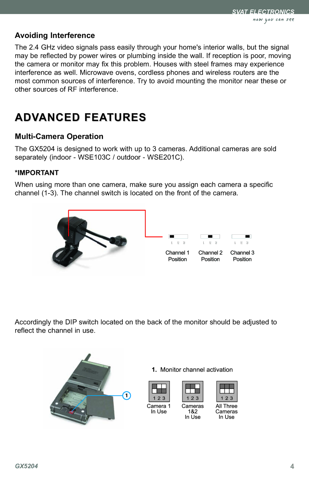 SVAT Electronics GX5204 instruction manual Advanced Features, Avoiding Interference, Multi-Camera Operation 