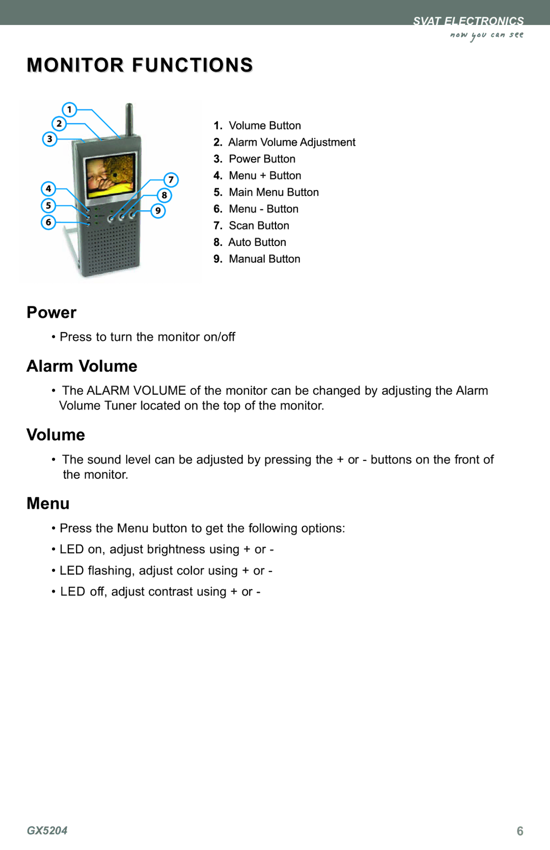 SVAT Electronics GX5204 instruction manual Monitor Functions, Alarm Volume 