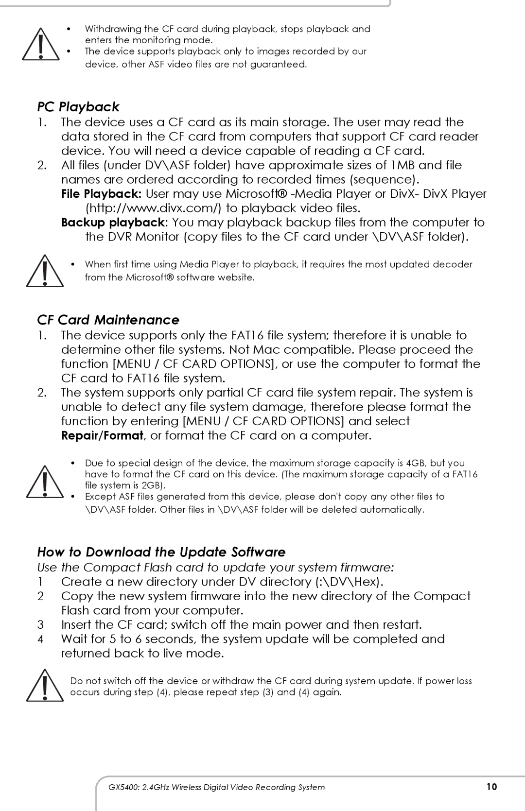 SVAT Electronics GX5400 manual PC Playback, CF Card Maintenance, How to Download the Update Software 