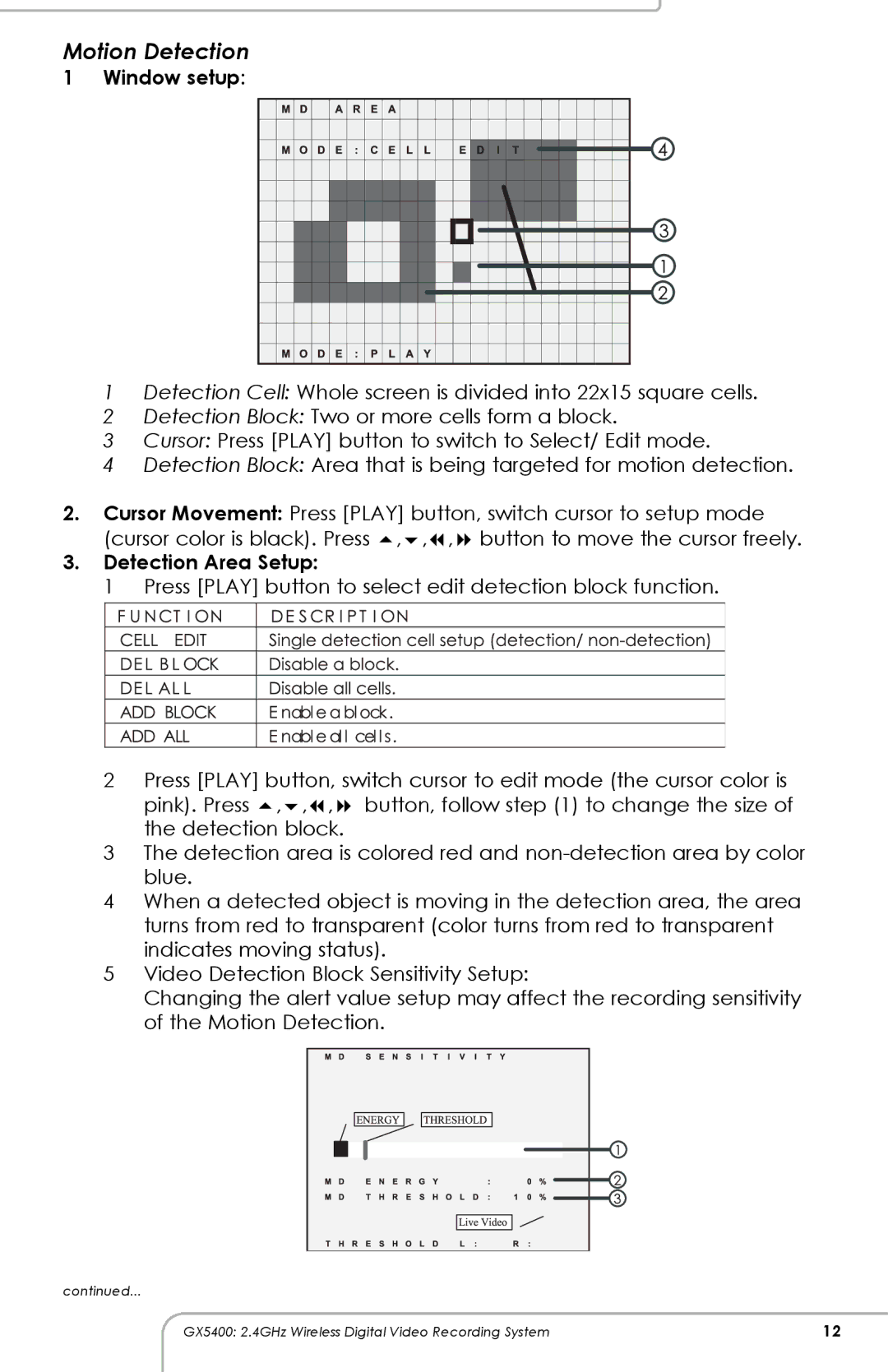 SVAT Electronics GX5400 manual Motion Detection, Window setup, Detection Area Setup 