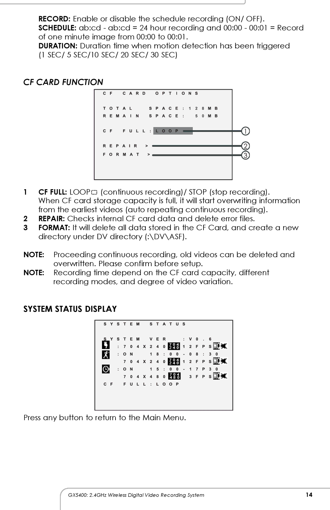 SVAT Electronics GX5400 manual CF Card Function 