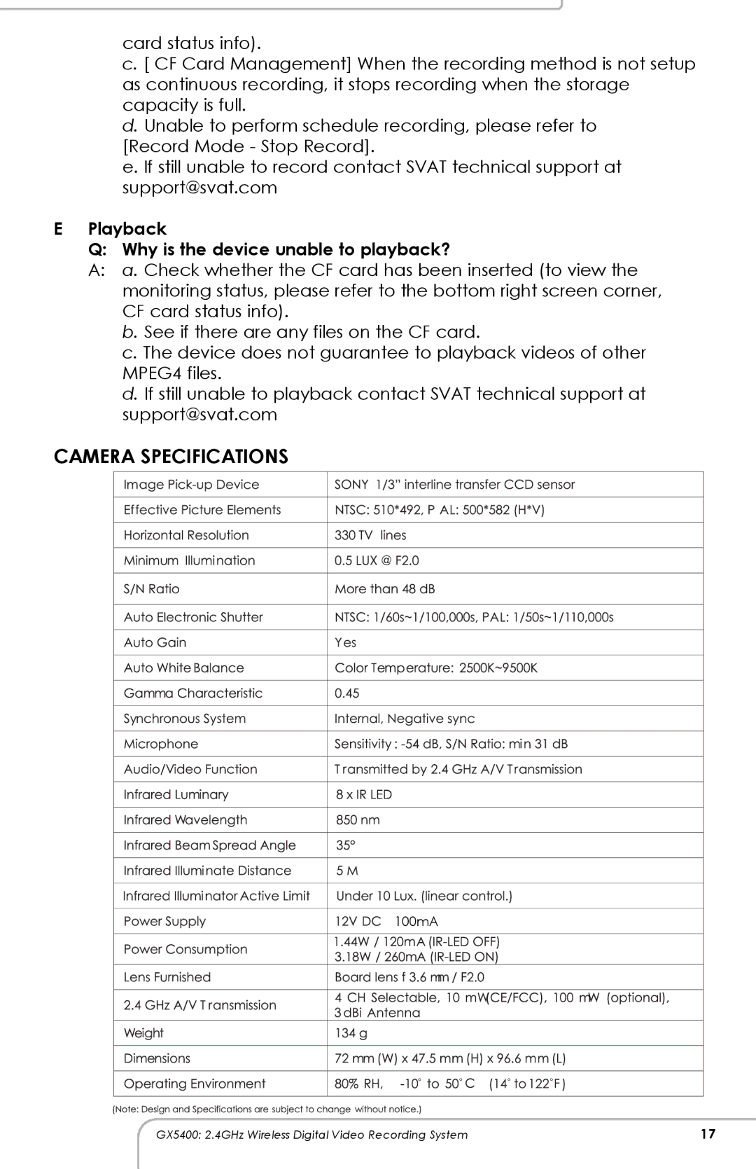 SVAT Electronics GX5400 manual Playback Why is the device unable to playback? 