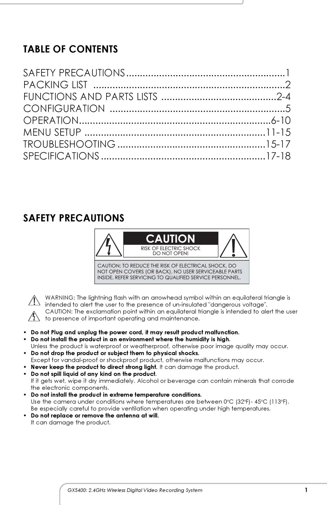 SVAT Electronics GX5400 manual Table of Contents, Safety Precautions 