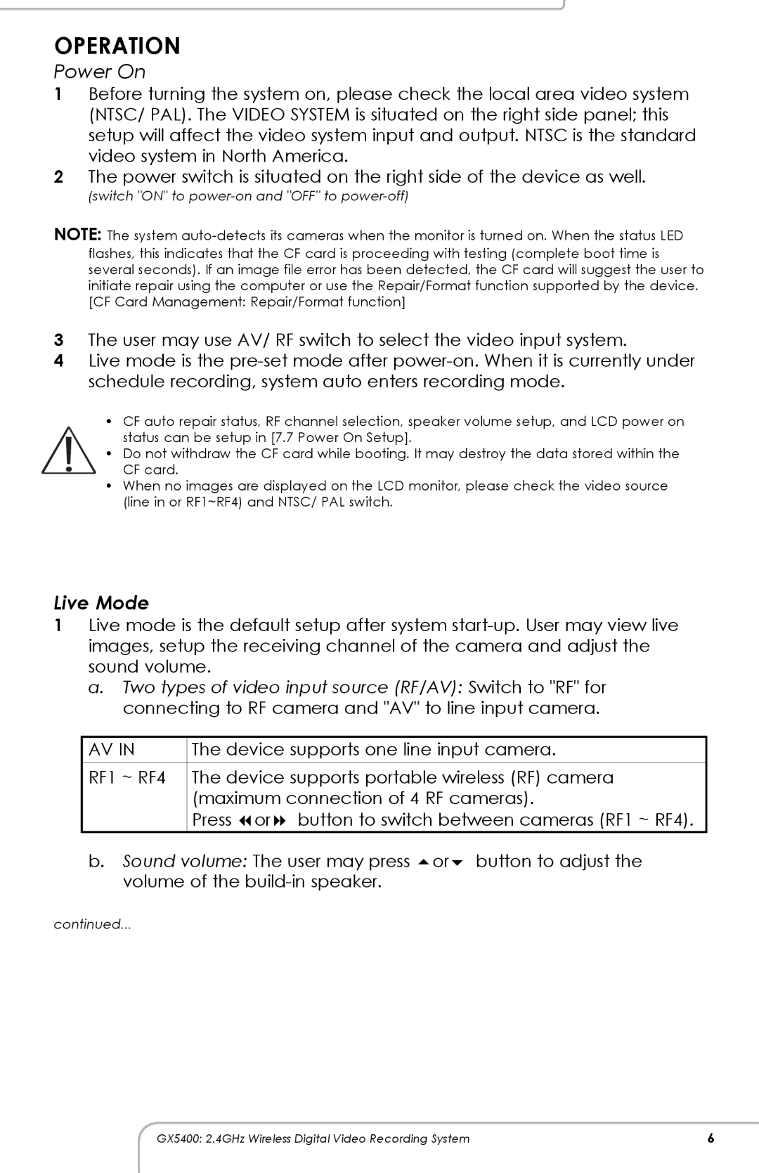 SVAT Electronics GX5400 manual Operation, Live Mode 