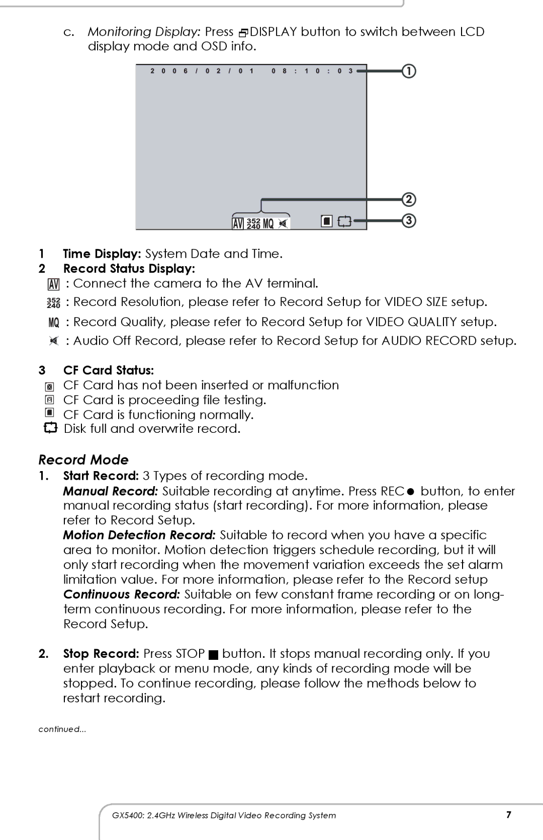 SVAT Electronics GX5400 manual Record Mode, Record Status Display, CF Card Status 