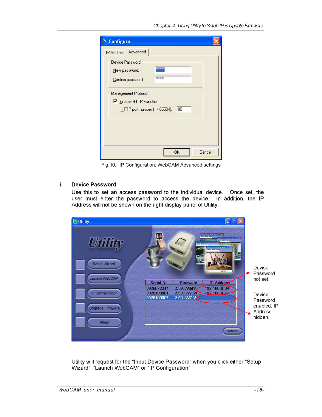 SVAT Electronics IP200, IP100, IP300 user manual Device Password, IP Configuration WebCAM Advanced settings 