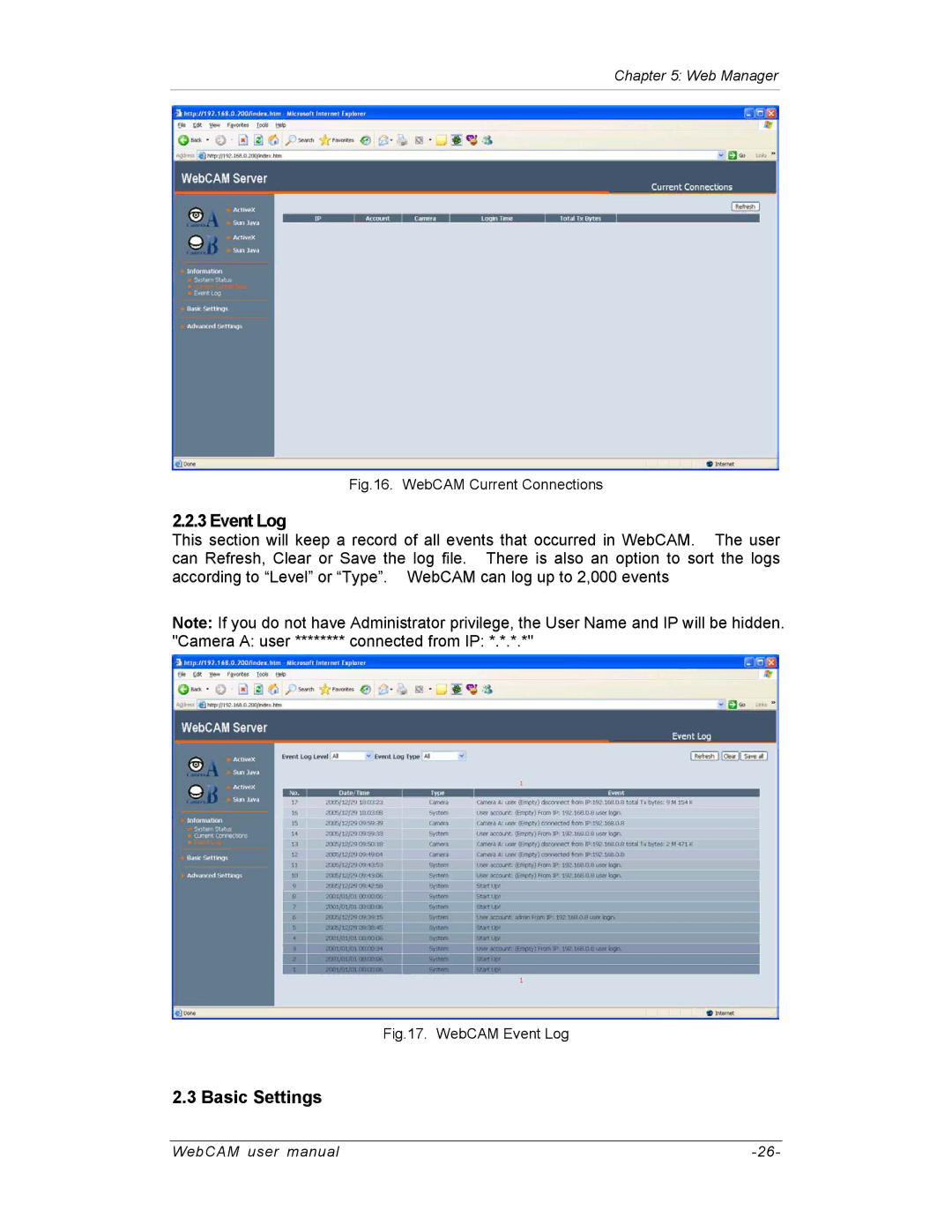 SVAT Electronics IP300, IP200, IP100 user manual Event Log, Basic Settings 