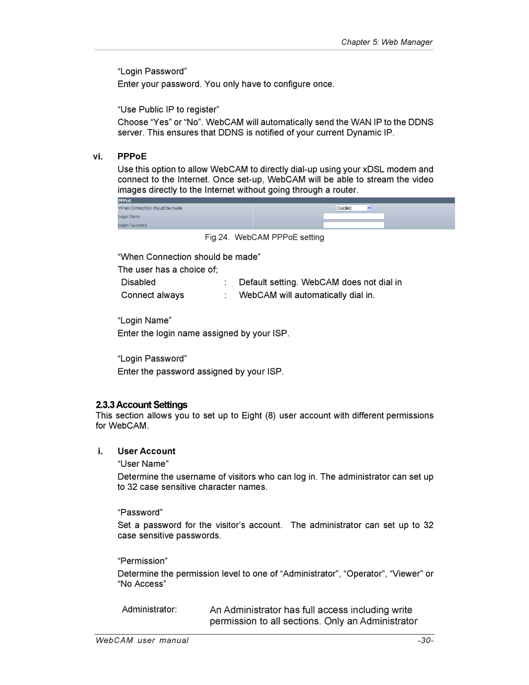 SVAT Electronics IP200, IP100, IP300 user manual Account Settings, Vi. PPPoE, User Account User Name 