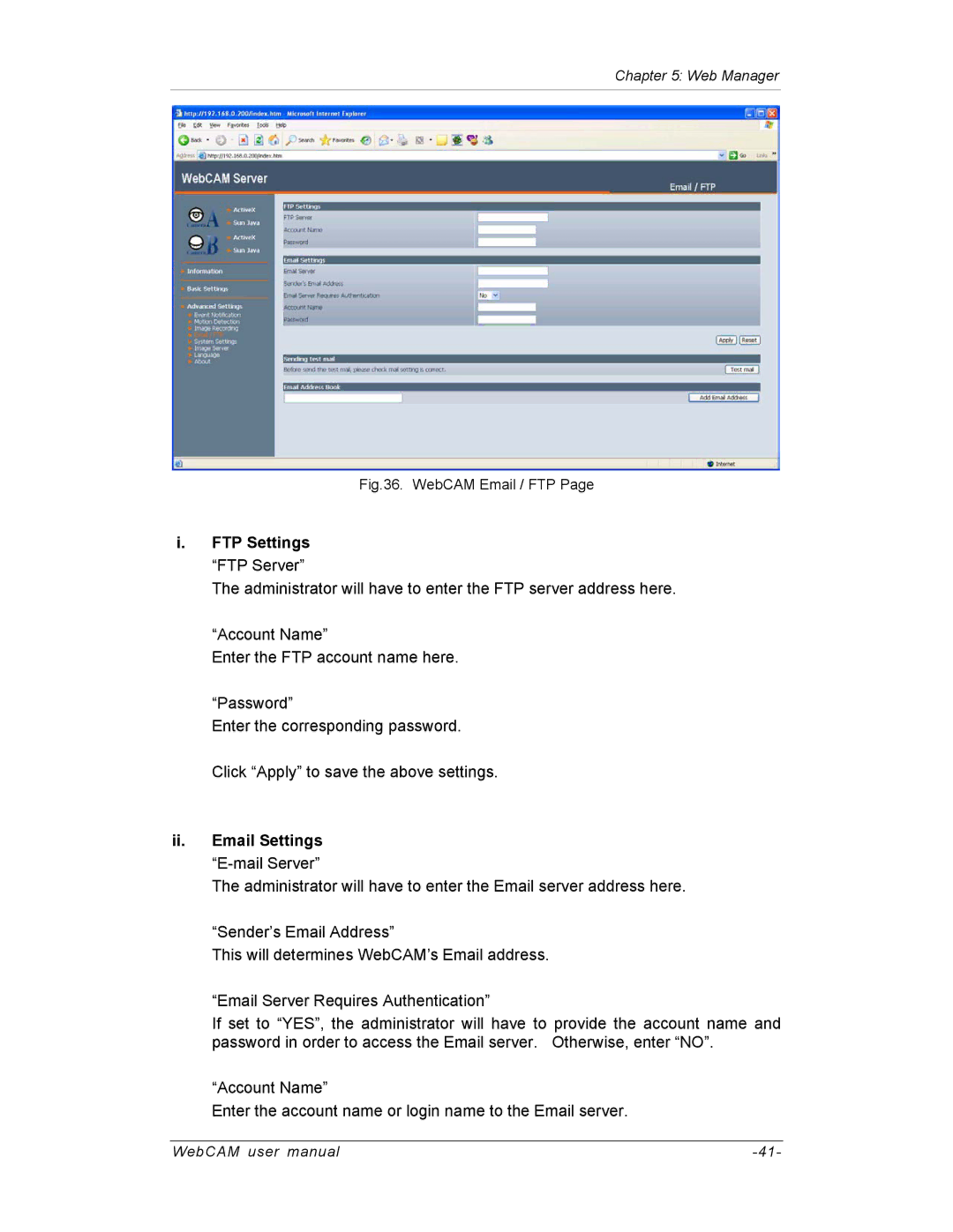 SVAT Electronics IP300, IP200, IP100 user manual FTP Settings FTP Server, Ii. Email Settings E-mail Server 