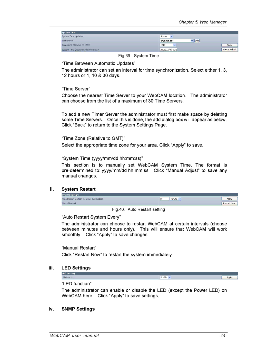 SVAT Electronics IP300, IP200, IP100 user manual Ii. System Restart, Iii. LED Settings, Iv. Snmp Settings 