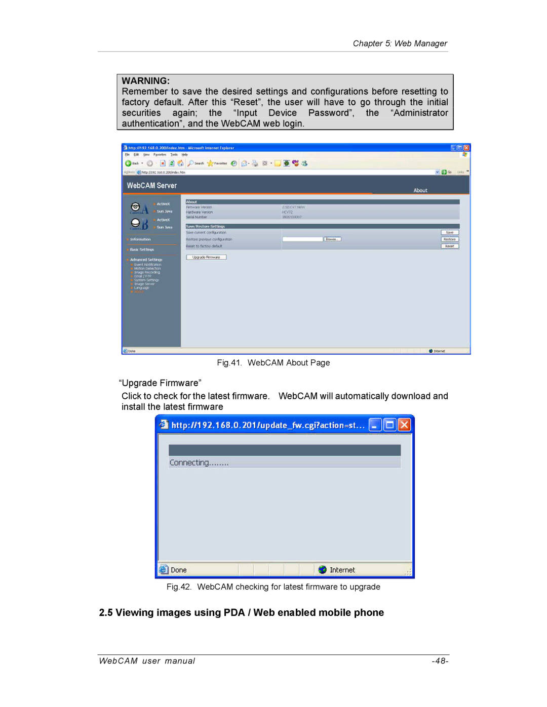 SVAT Electronics IP200, IP100, IP300 user manual Viewing images using PDA / Web enabled mobile phone, WebCAM About 