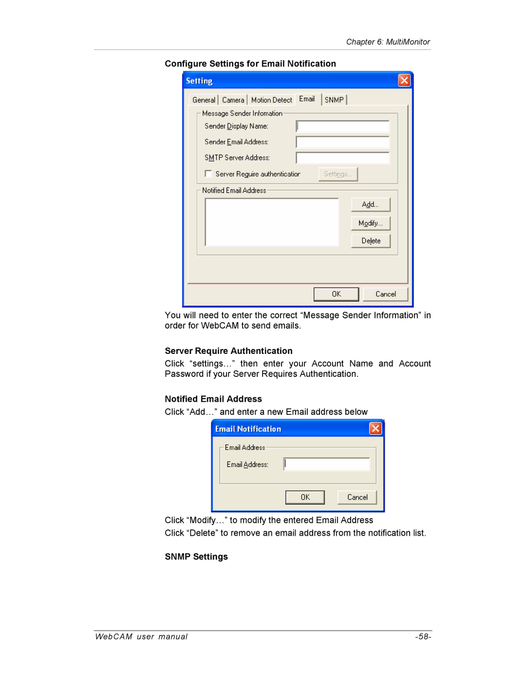 SVAT Electronics IP100 Configure Settings for Email Notification, Server Require Authentication, Notified Email Address 