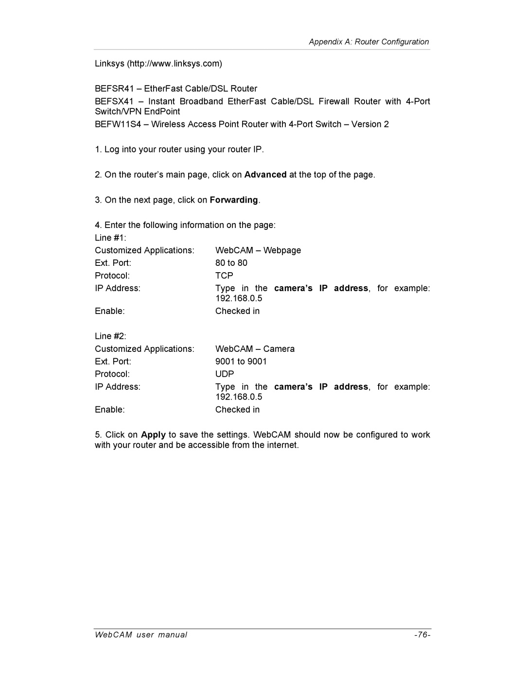 SVAT Electronics IP100, IP200, IP300 user manual Appendix a Router Configuration 