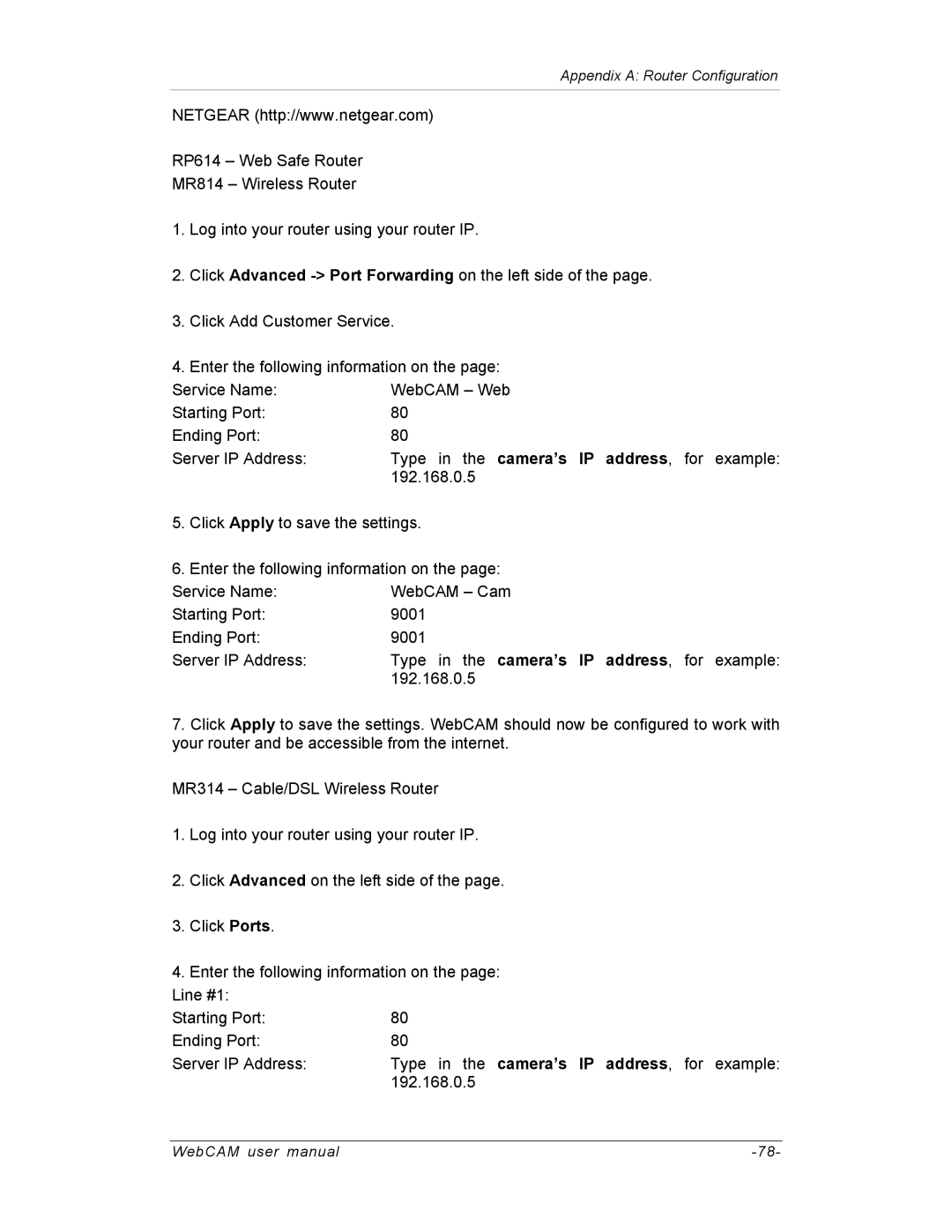 SVAT Electronics IP200, IP100, IP300 user manual Appendix a Router Configuration 