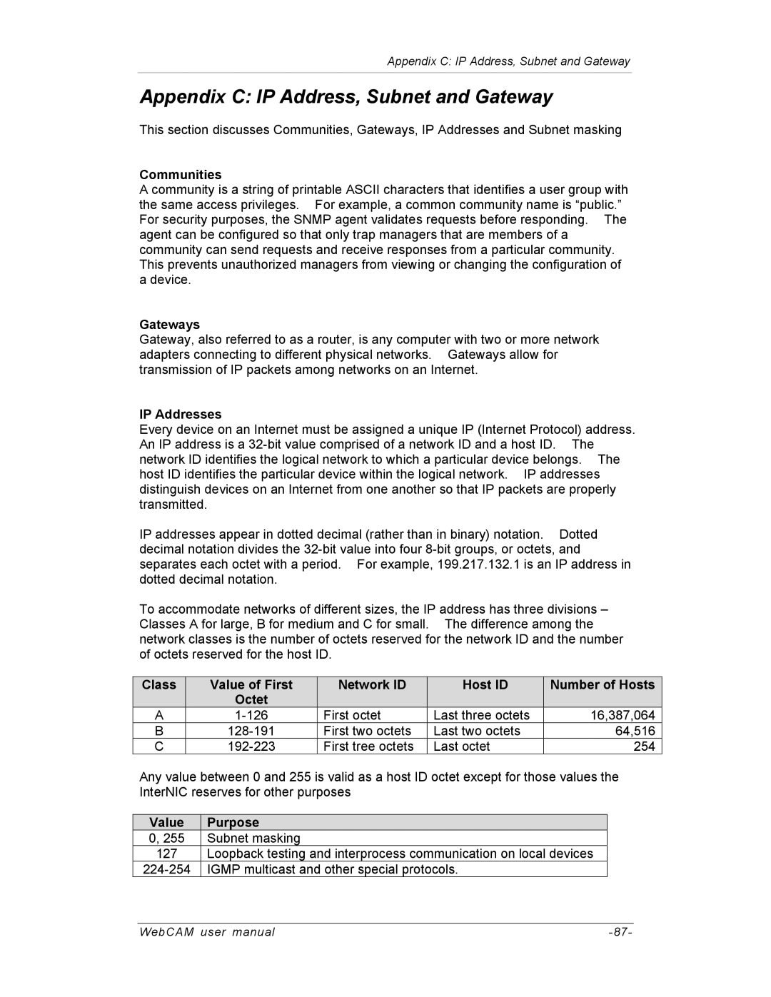 SVAT Electronics IP200, IP100, IP300 Appendix C IP Address, Subnet and Gateway, Communities, Gateways, IP Addresses 