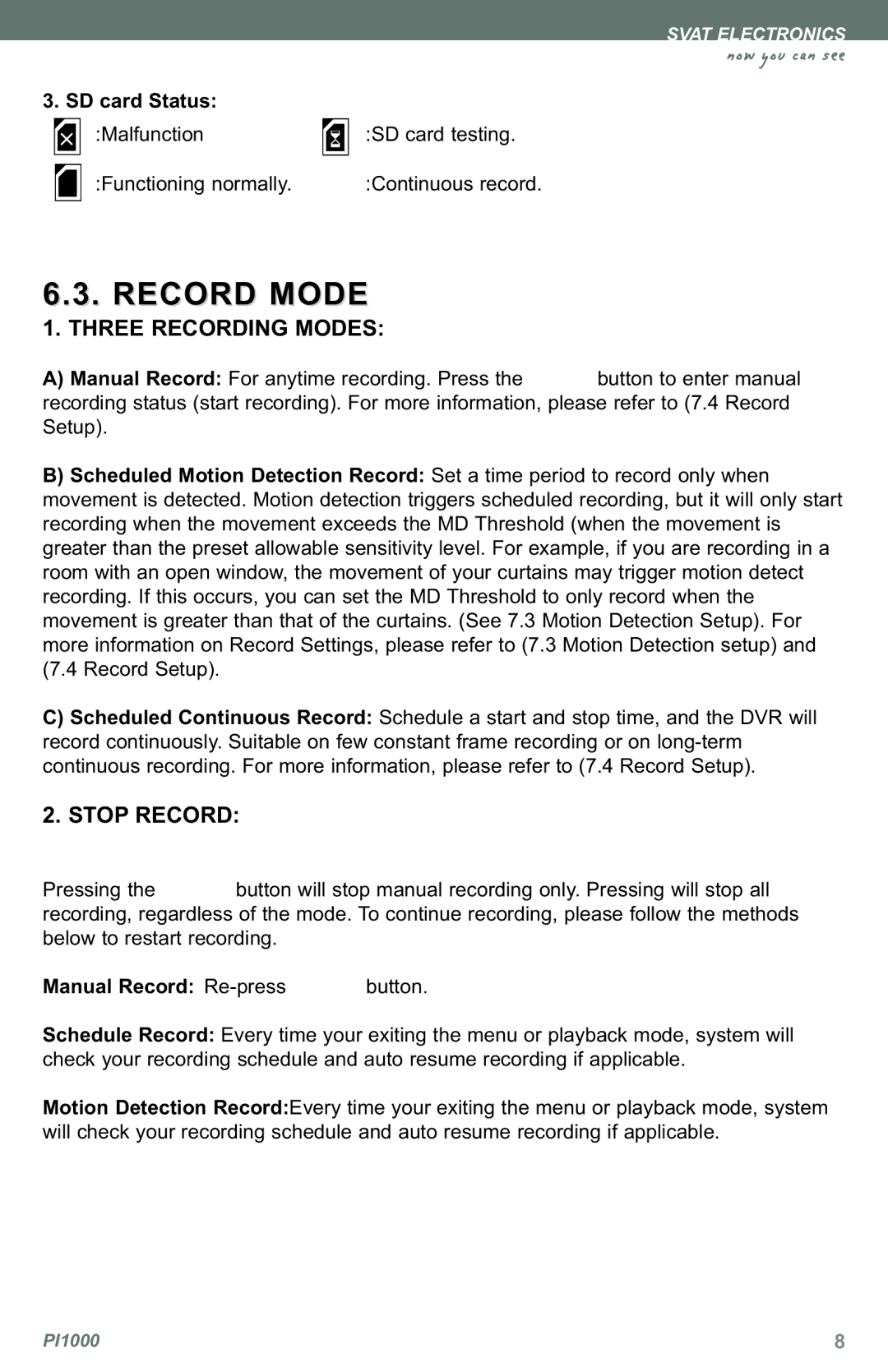 SVAT Electronics PI1000 instruction manual Record Mode, SD card Status Malfunction, Manual Record Re-press 