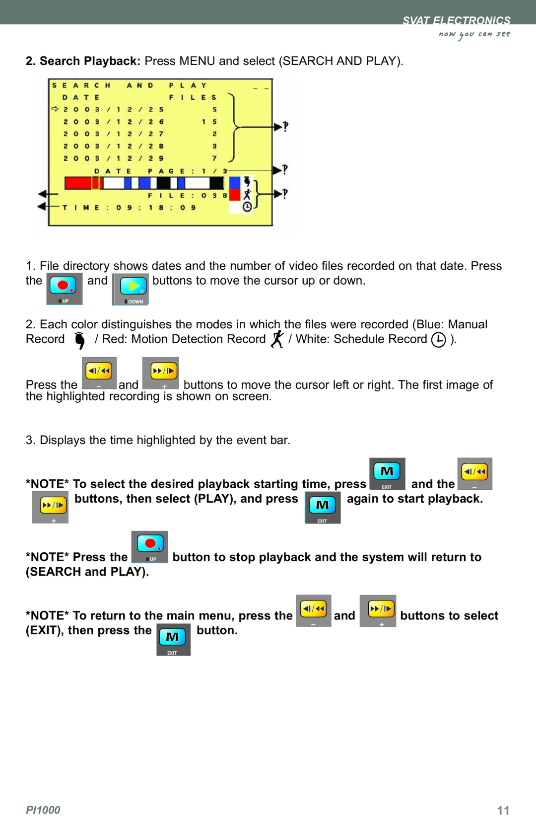 SVAT Electronics PI1000 instruction manual Search Playback Press Menu and select Search and Play 