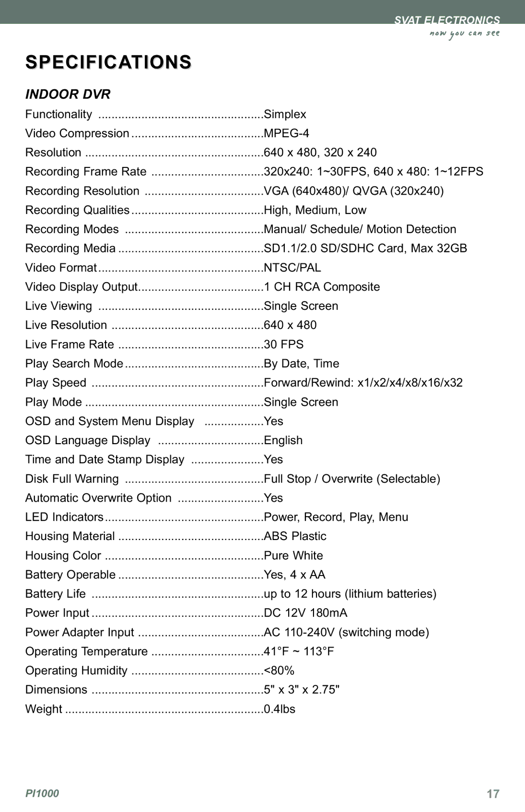 SVAT Electronics PI1000 instruction manual Specifications, MPEG-4 