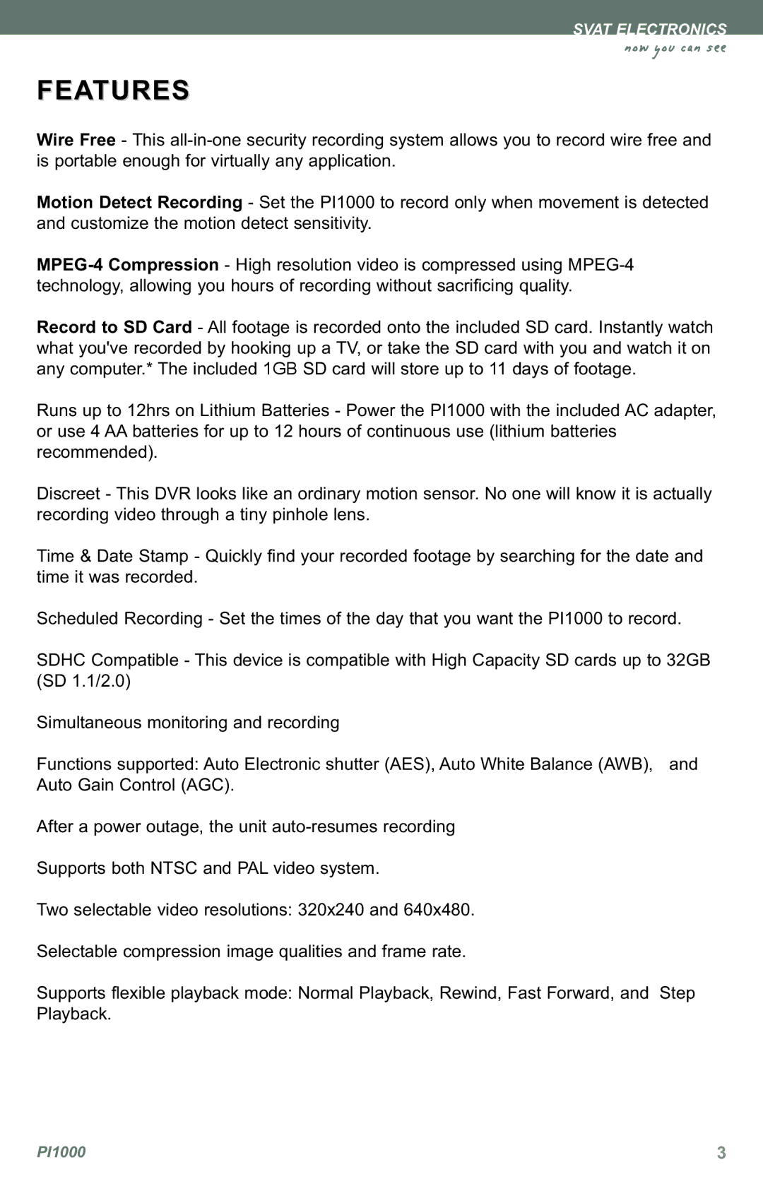 SVAT Electronics PI1000 instruction manual Features 