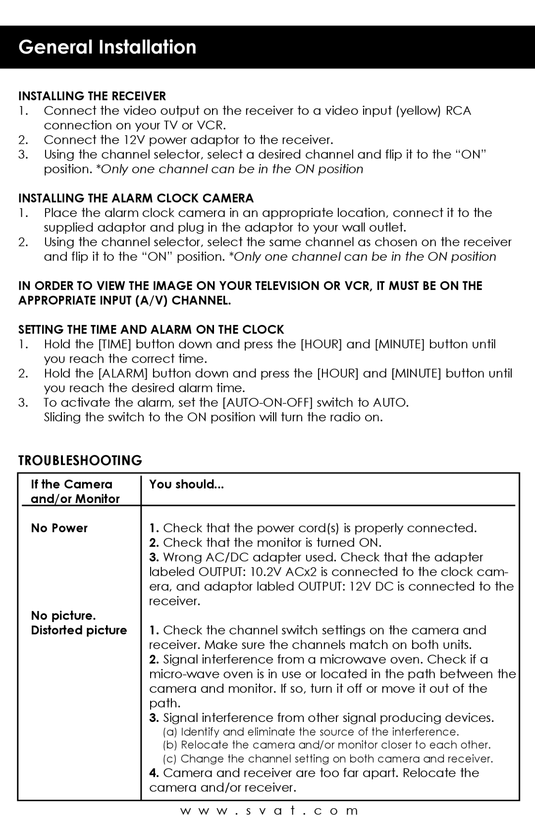 SVAT Electronics pmn user manual General Installation, Troubleshooting 