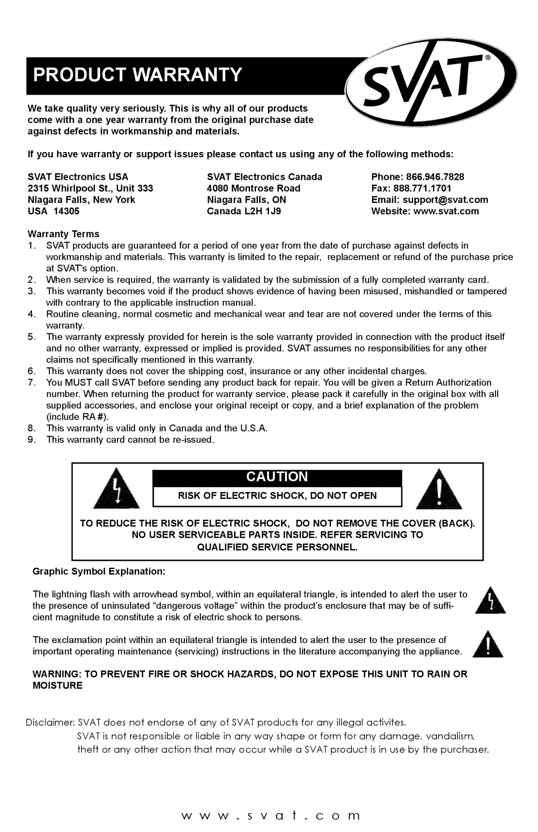 SVAT Electronics pmn user manual Product Warranty 