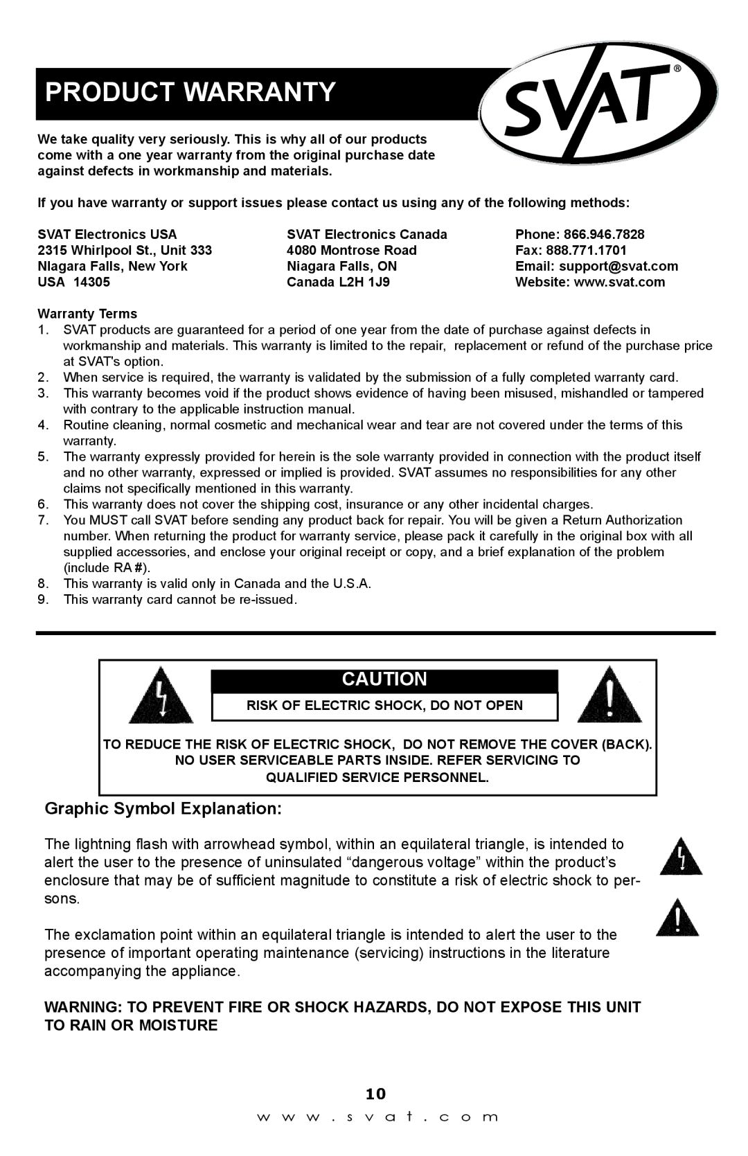 SVAT Electronics Q1204 instruction manual Product Warranty, Graphic Symbol Explanation 